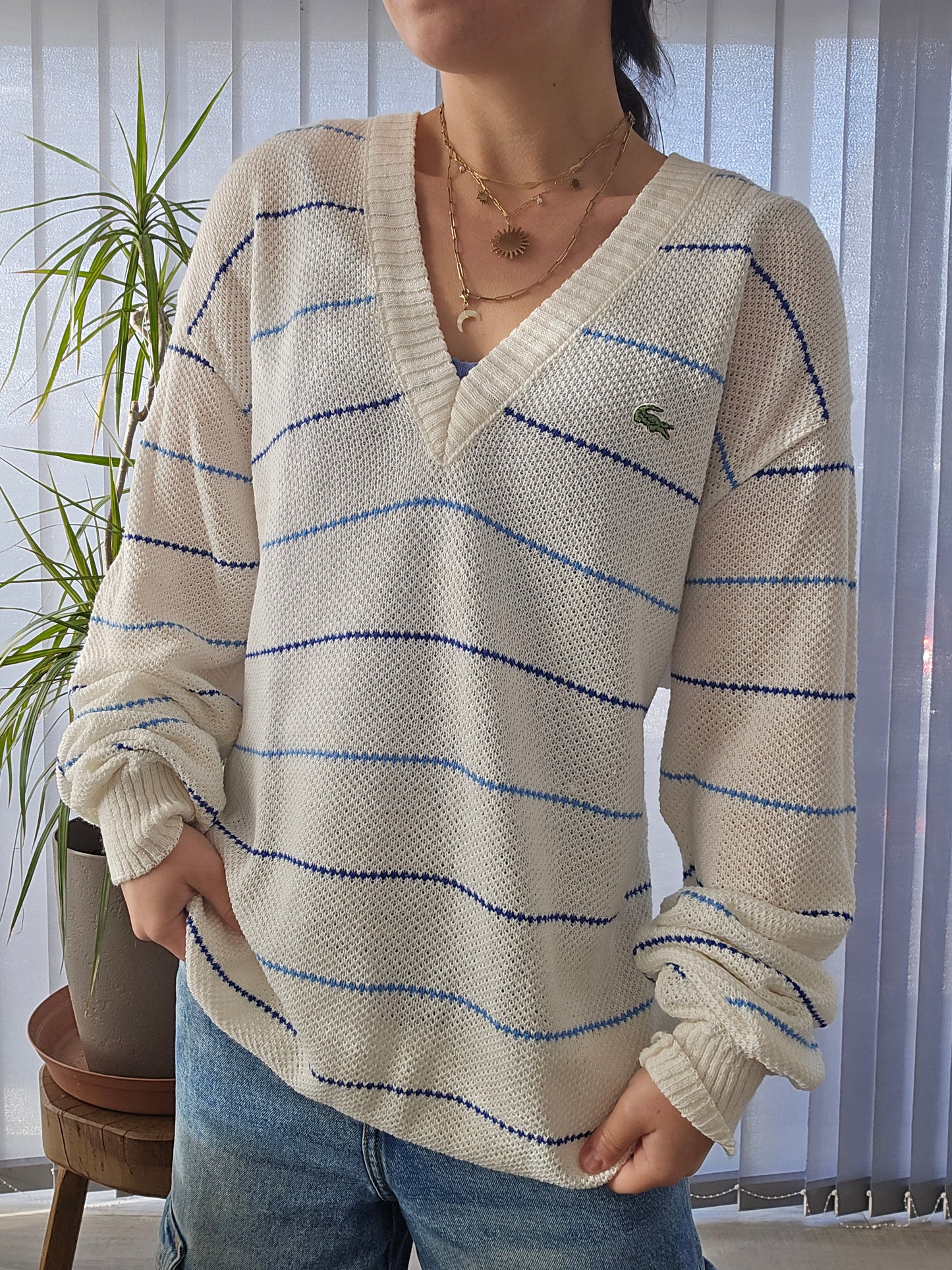 Pull col V blanc en maille piquée des années 80' fabriqué en France - XL/42