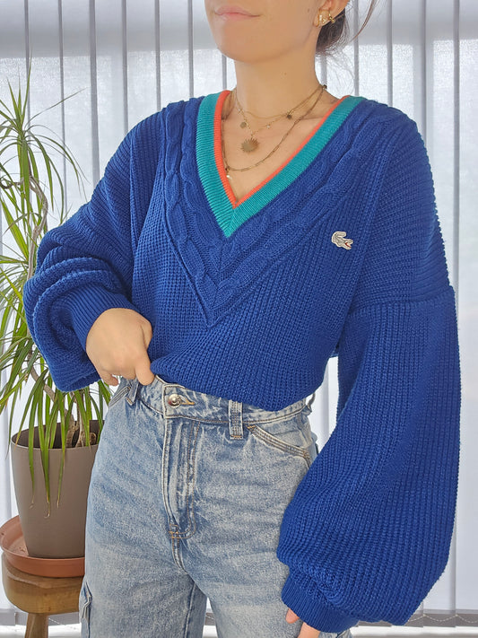 Pull col V bleu des années 80' fabriqué en Espagne - XL/42