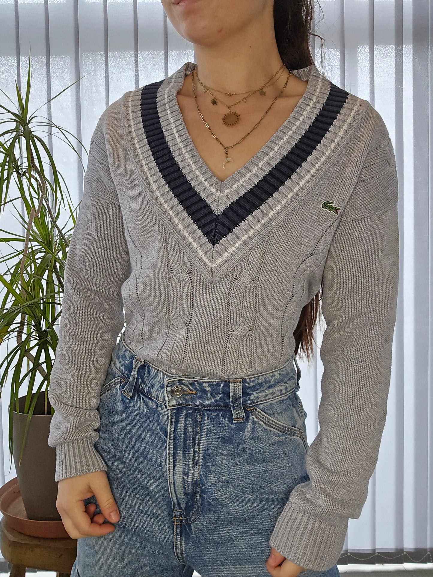 Pull col V en maille torsadée gris - S/36