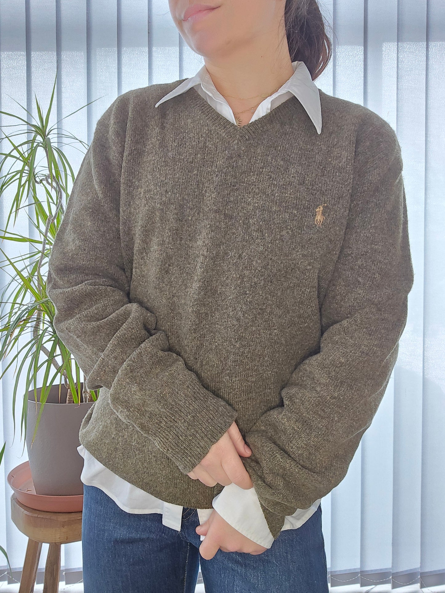Pull col V en maille kaki - L/40