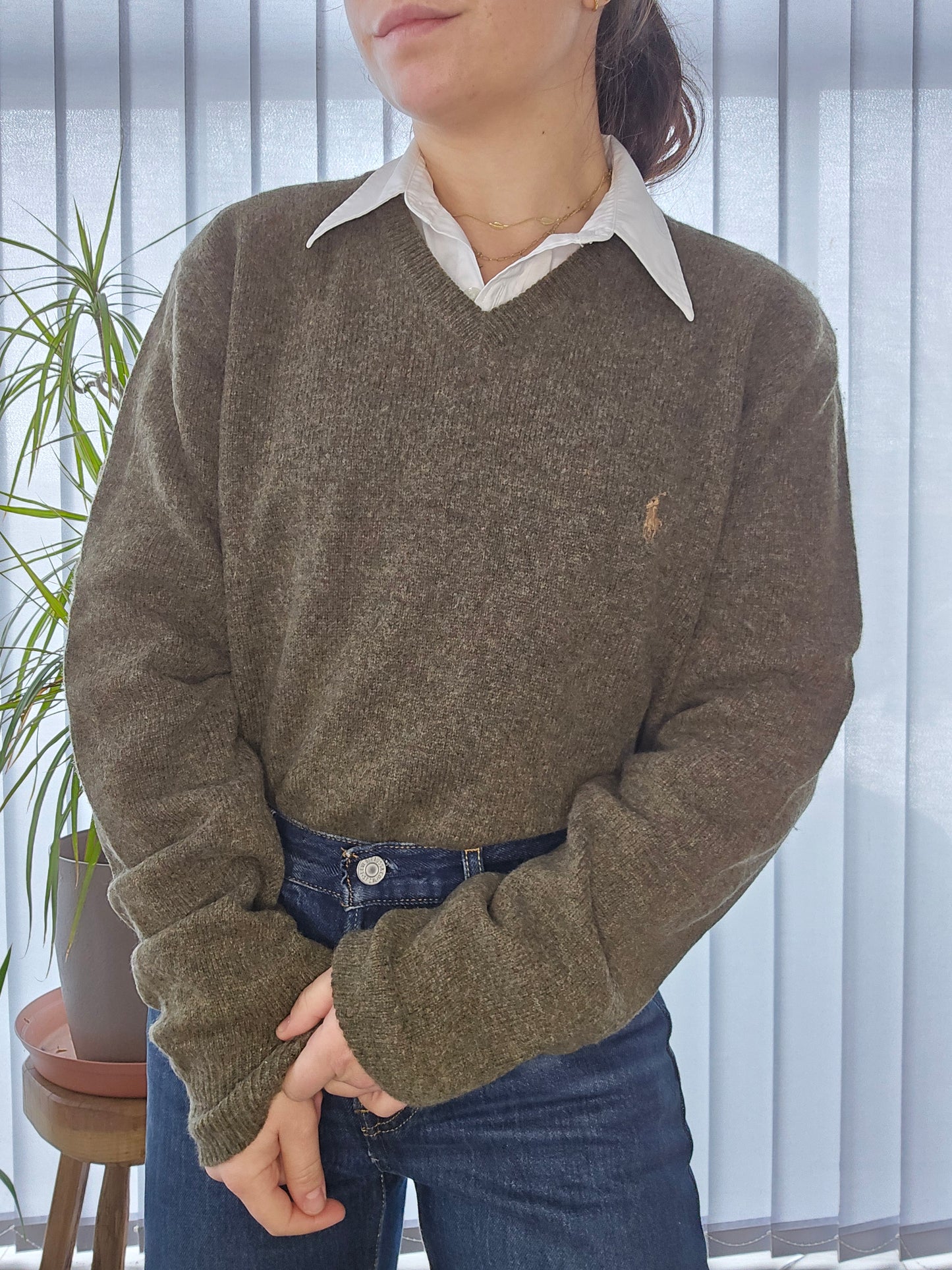 Pull col V en maille kaki - L/40