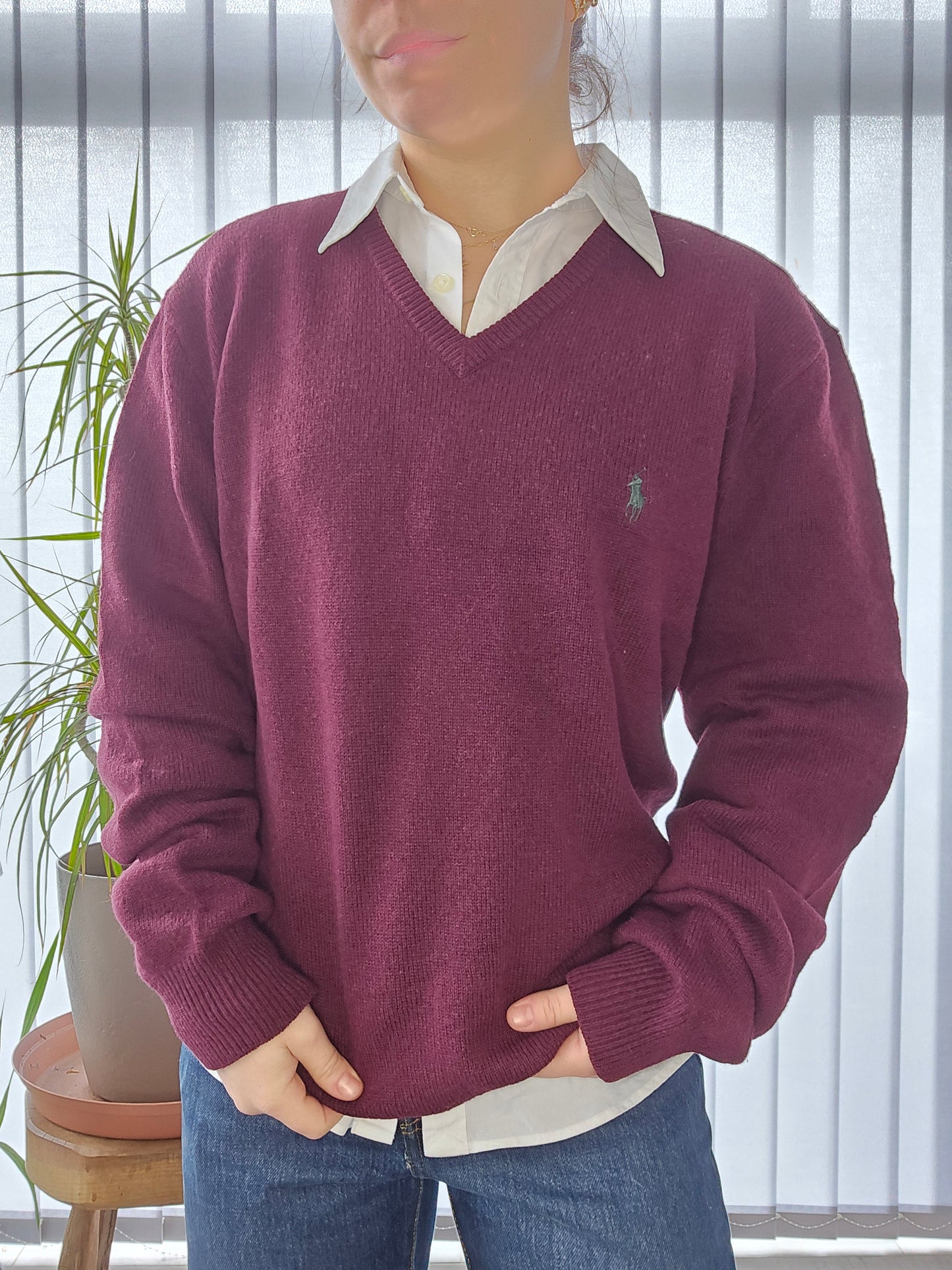 Pull col V en laine bordeaux - L/40
