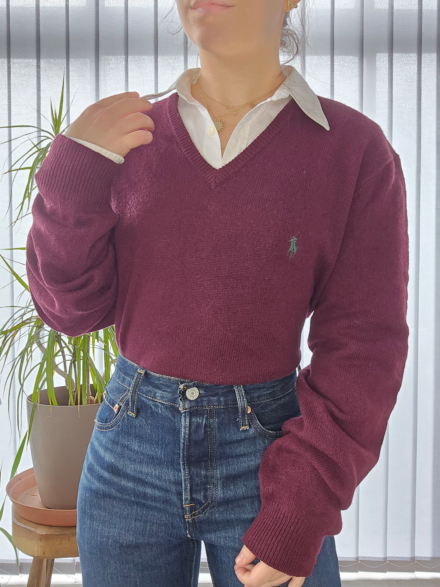 Pull col V en laine bordeaux - L/40