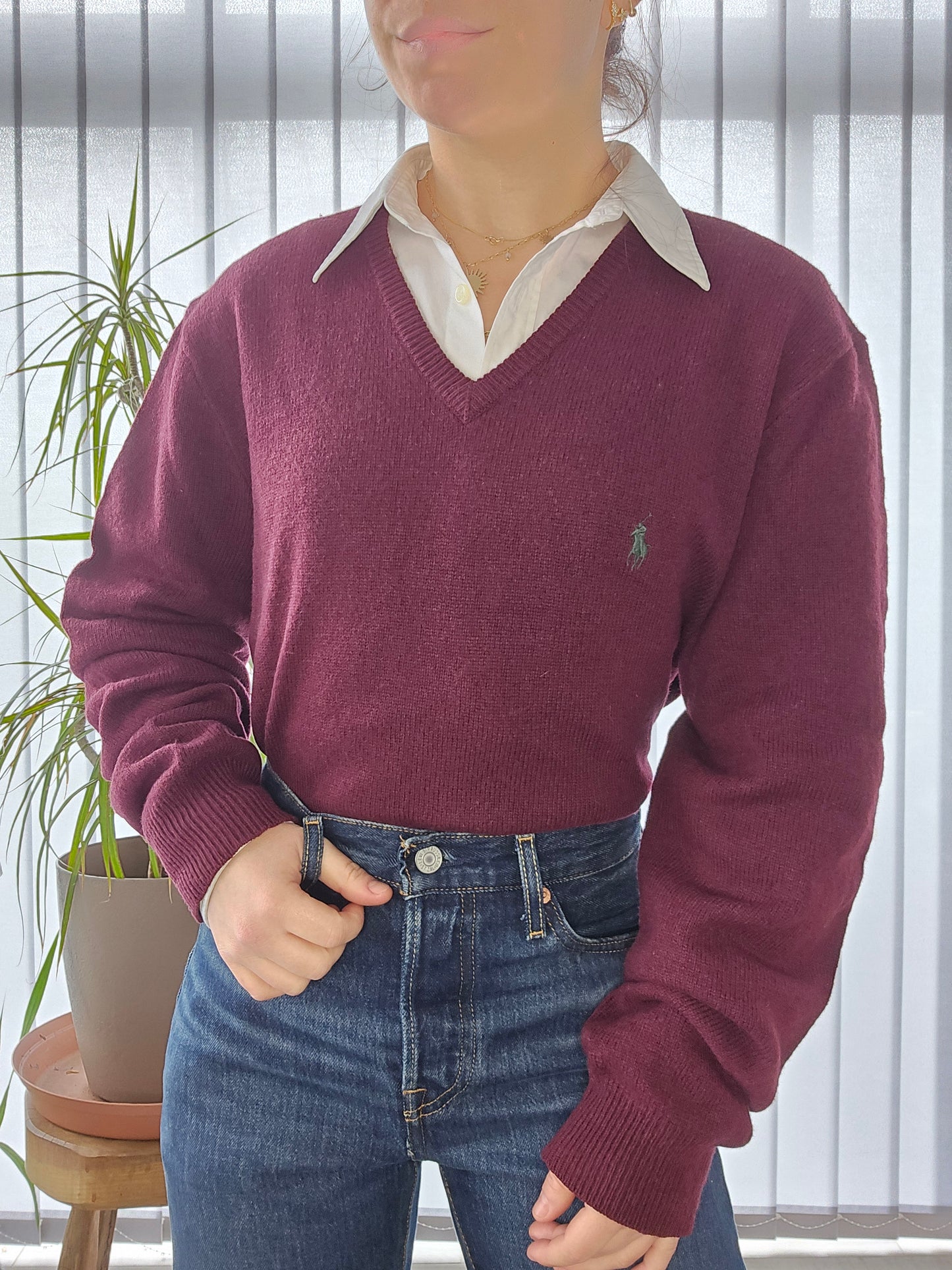 Pull col V en laine bordeaux - L/40