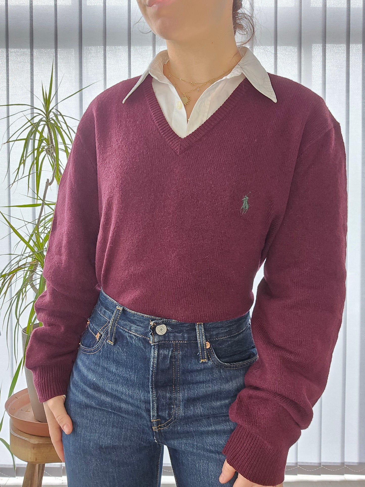 Pull col V en laine bordeaux - L/40