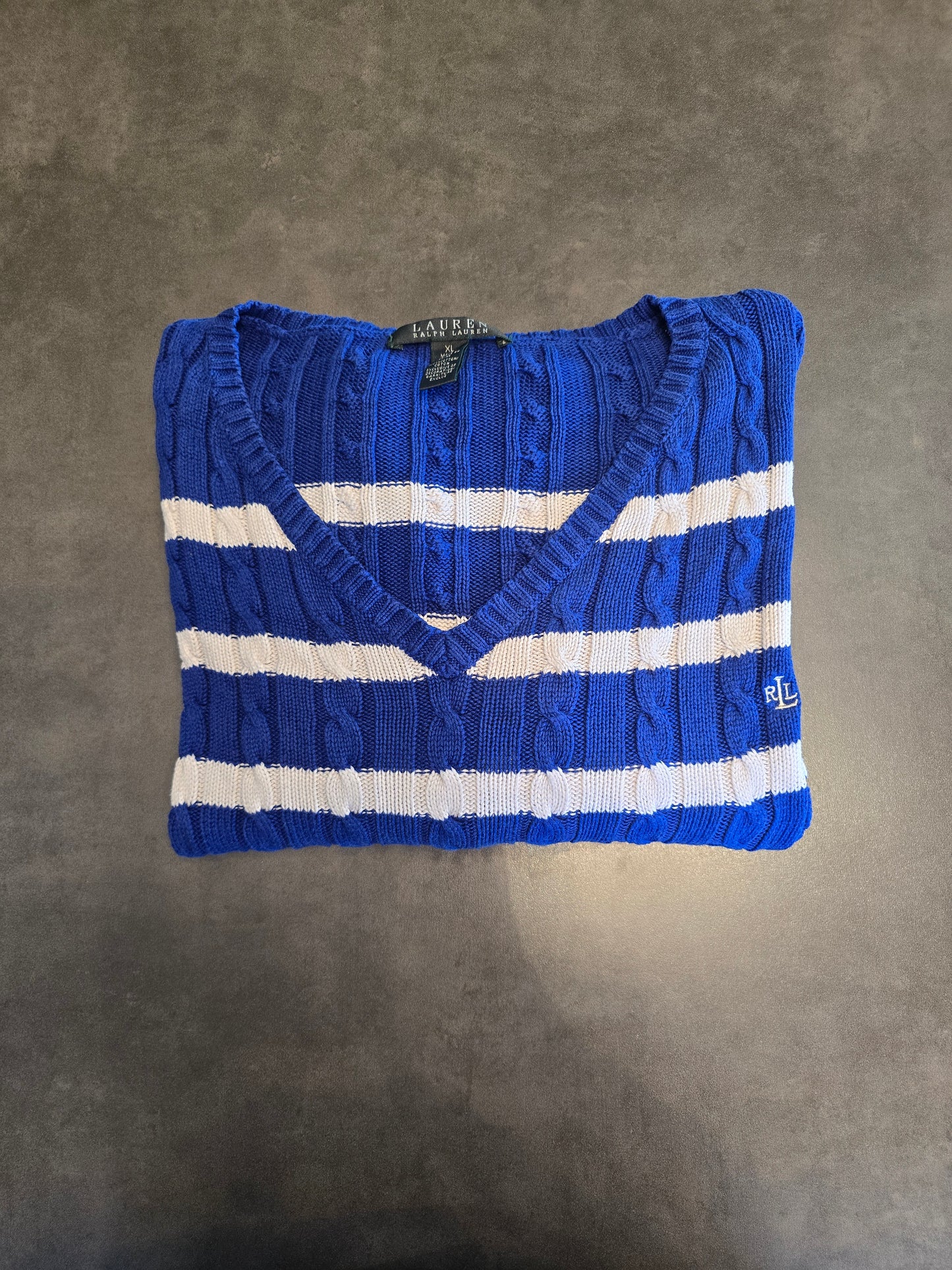 Pull col V en maille torsadée bleu/blanc RLR - L/XL