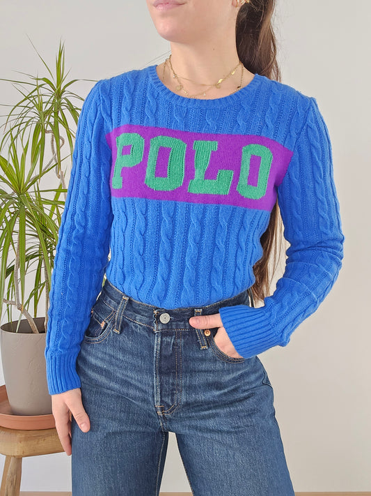Pull en maille torsadée bleu "polo" - XS/34