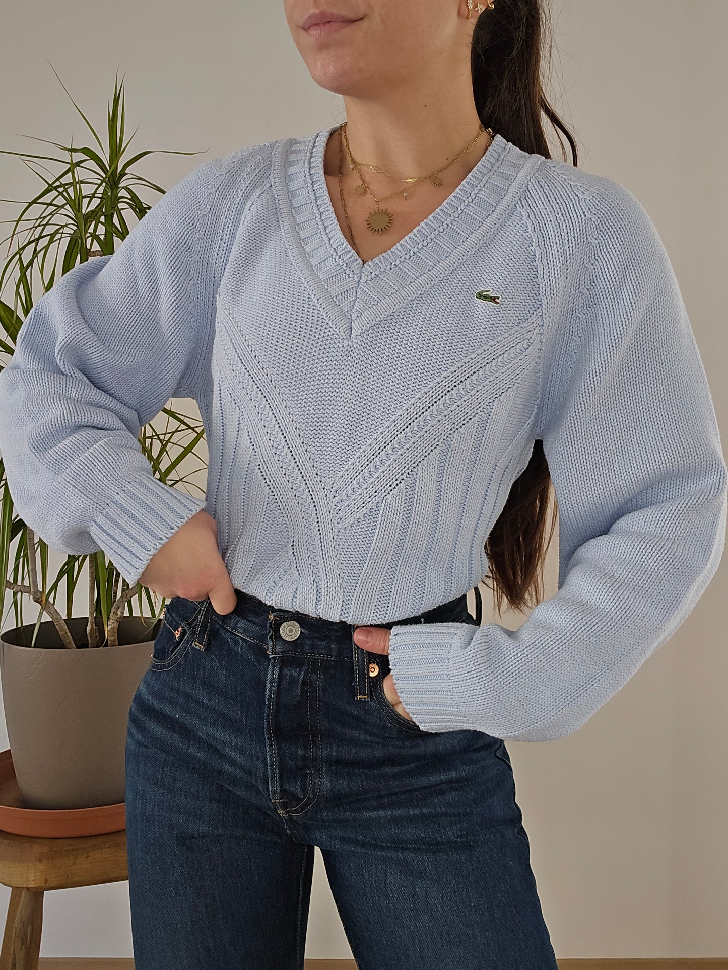 Pull col V bleu ciel des années 90' - M/38