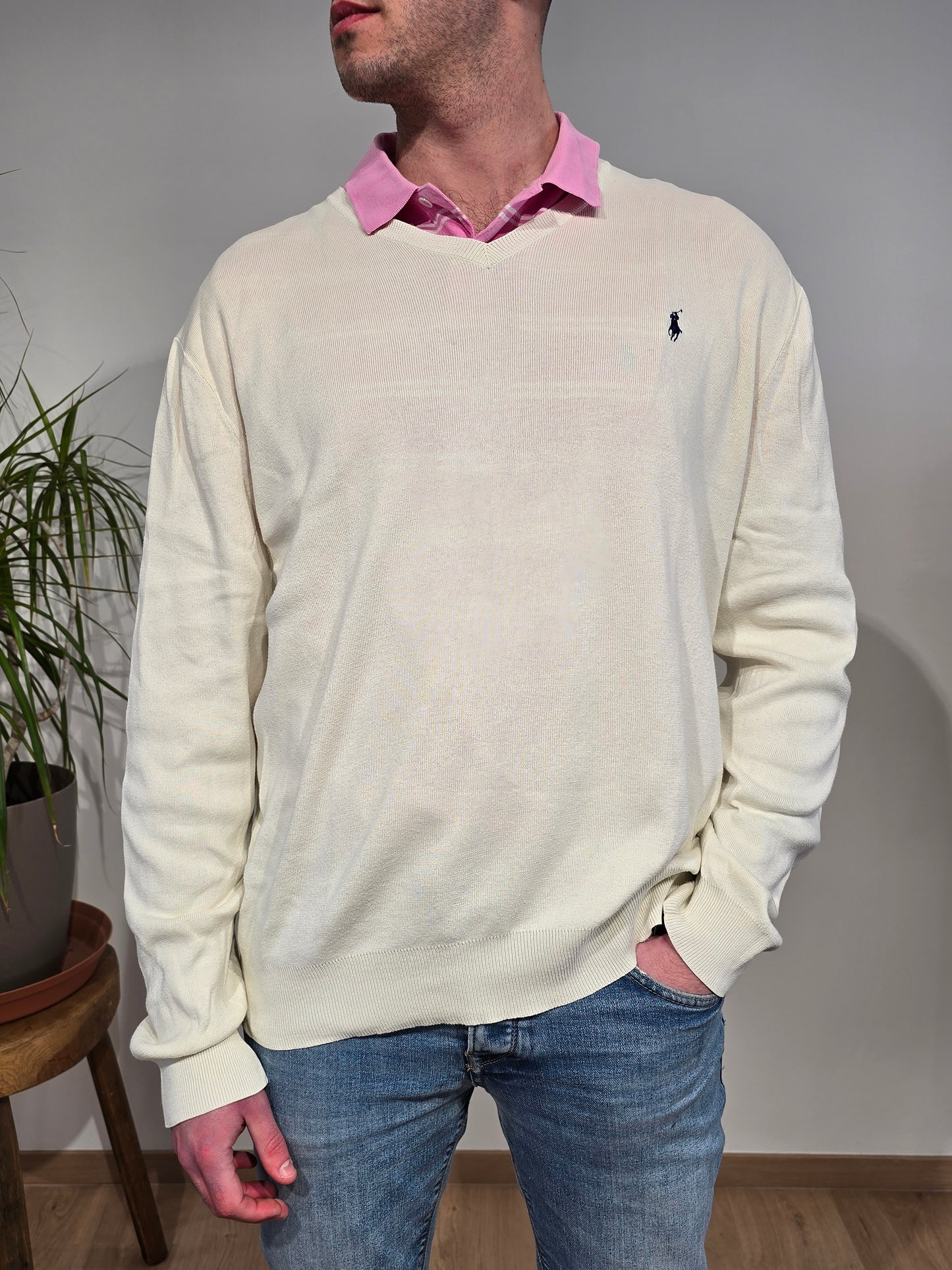 Pull simple col V crème - L/40