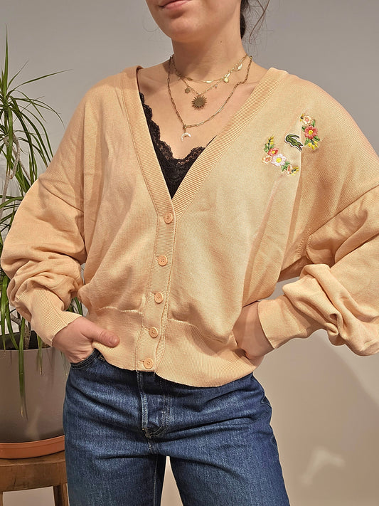 Cardigan RARE beige brodé fleurs des années 80' - L/40