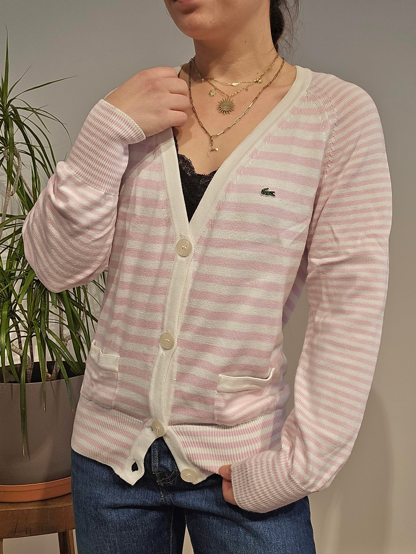 Cardigan à rayures rose/blanc des années 80' - M/38