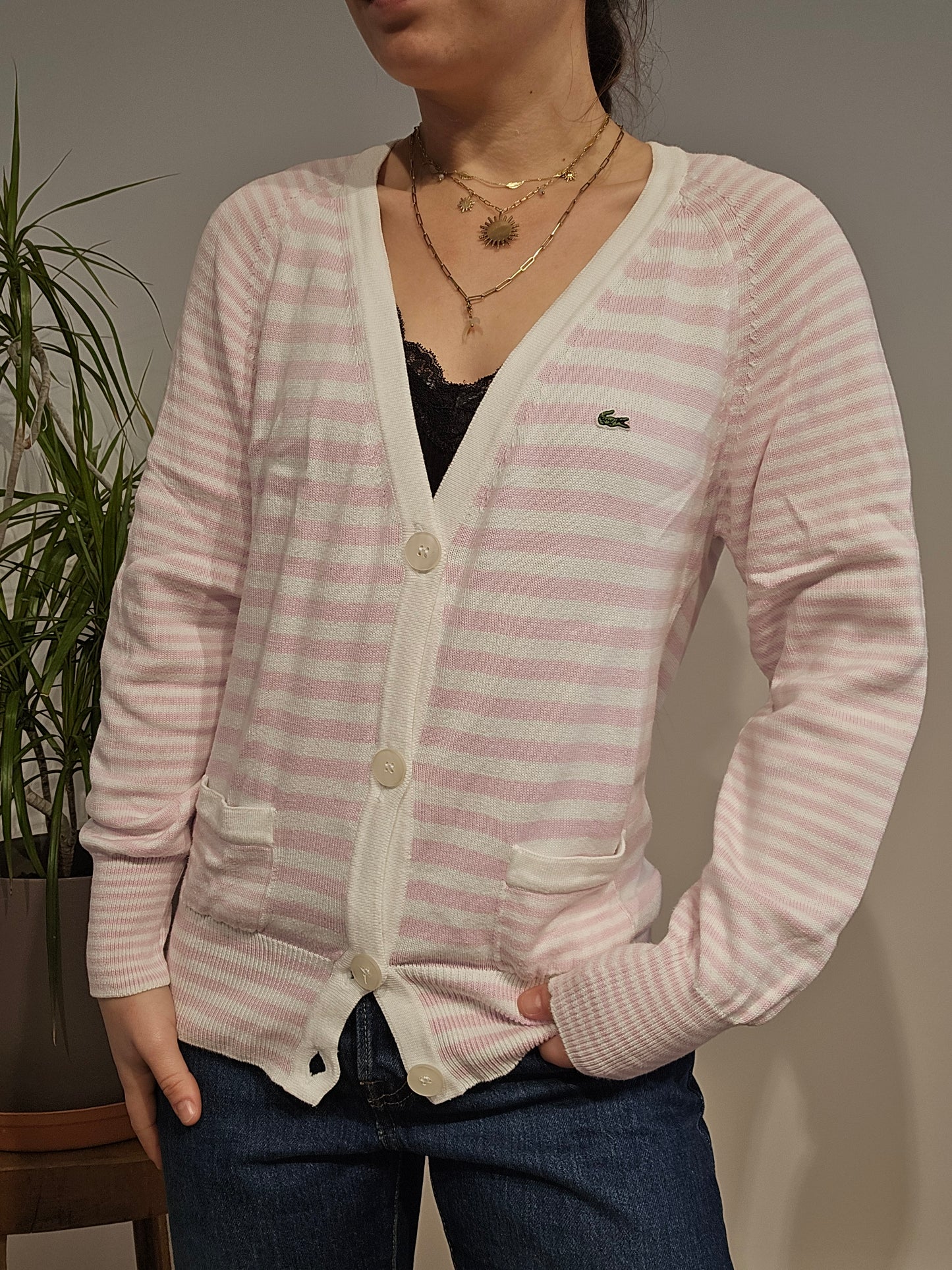 Cardigan à rayures rose/blanc des années 80' - M/38