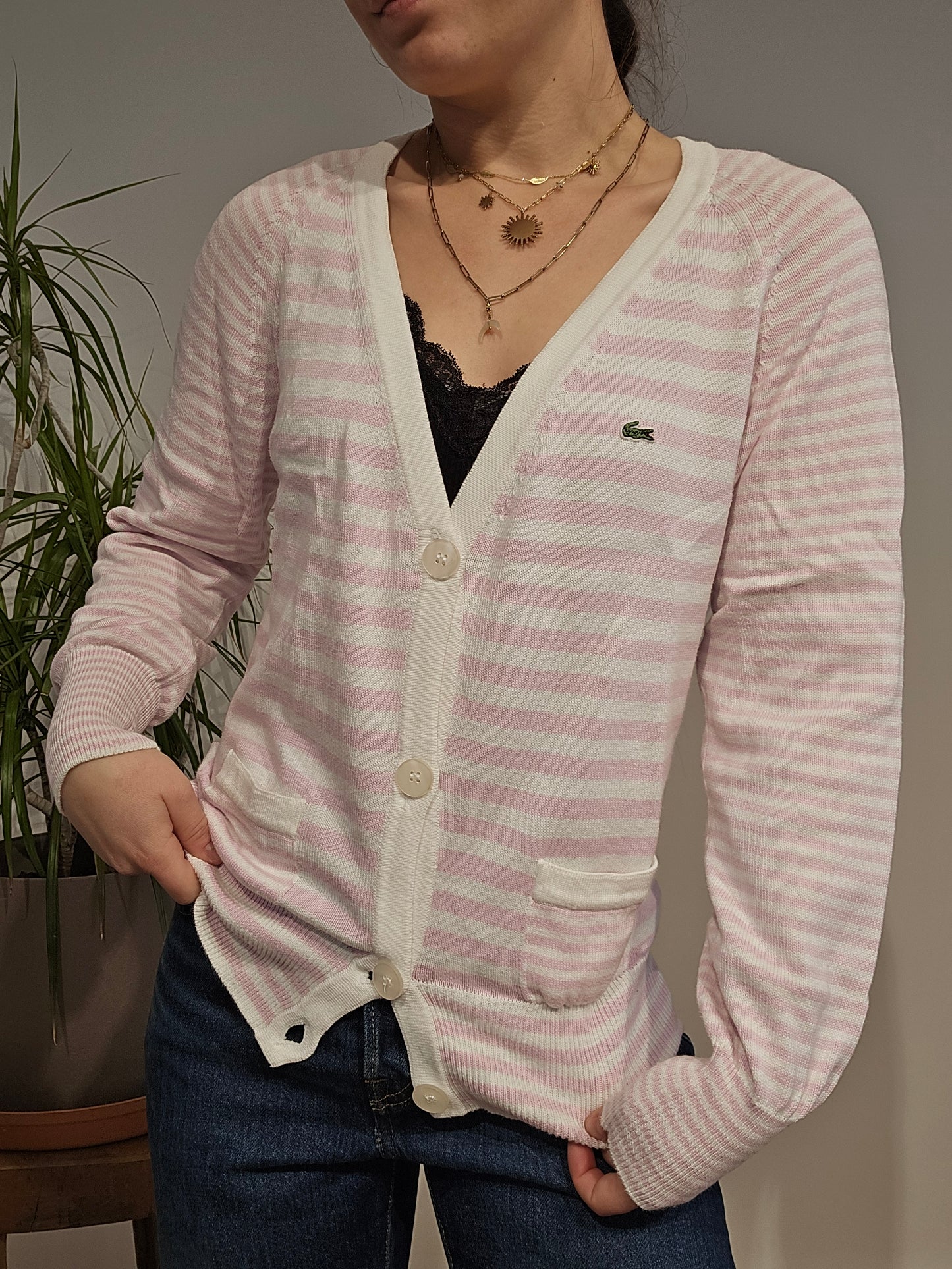 Cardigan à rayures rose/blanc des années 80' - M/38