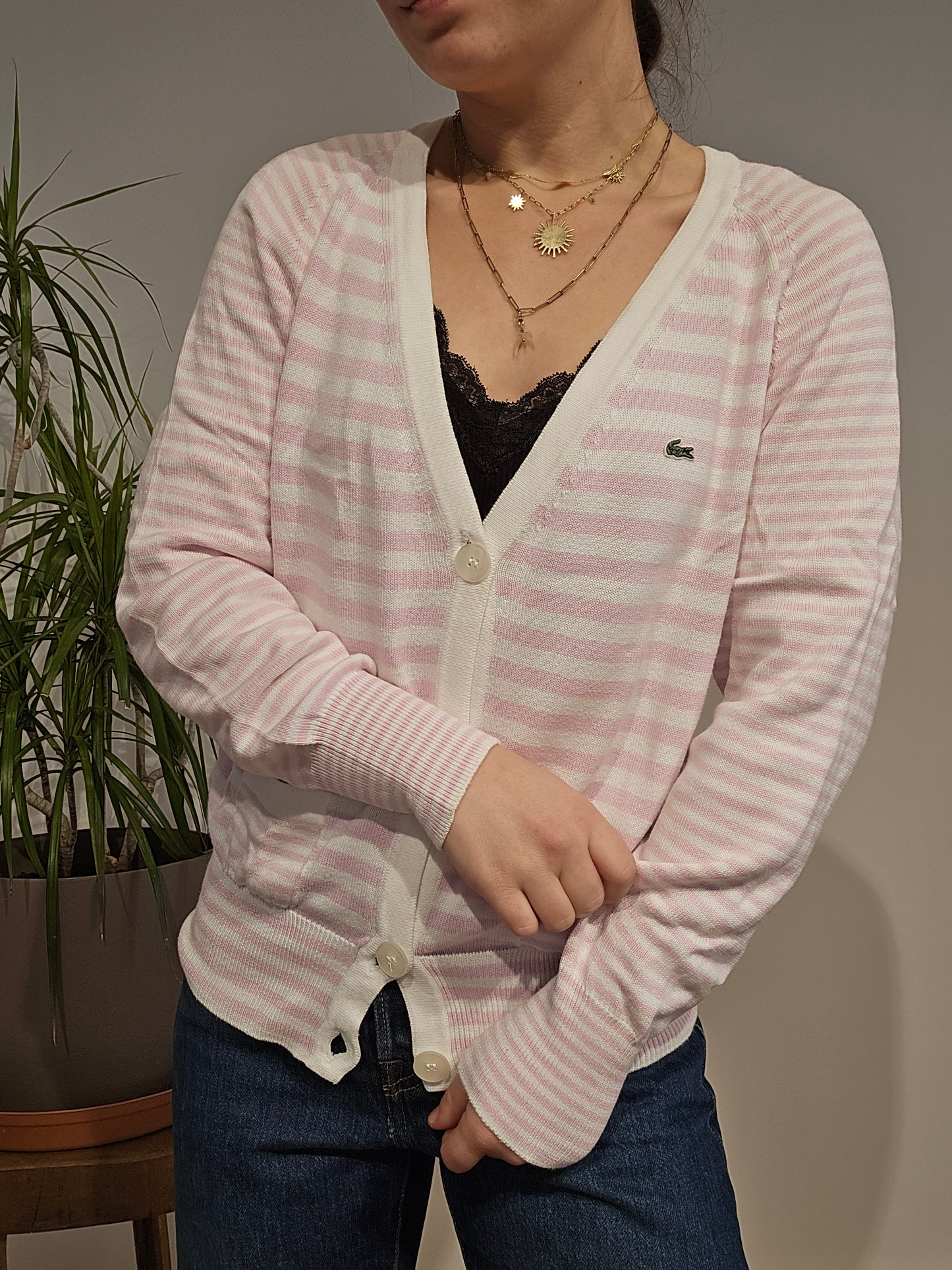 Cardigan à rayures rose/blanc des années 80' - M/38