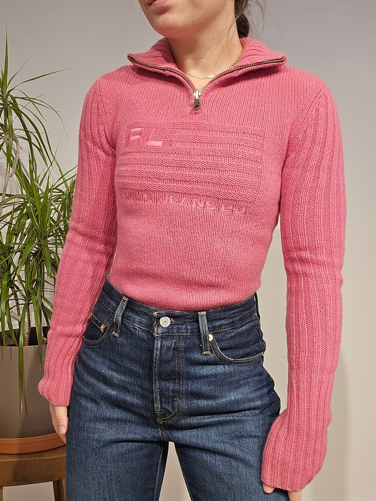 Pull camionneur en laine rose american flag (moulant) - XS/34