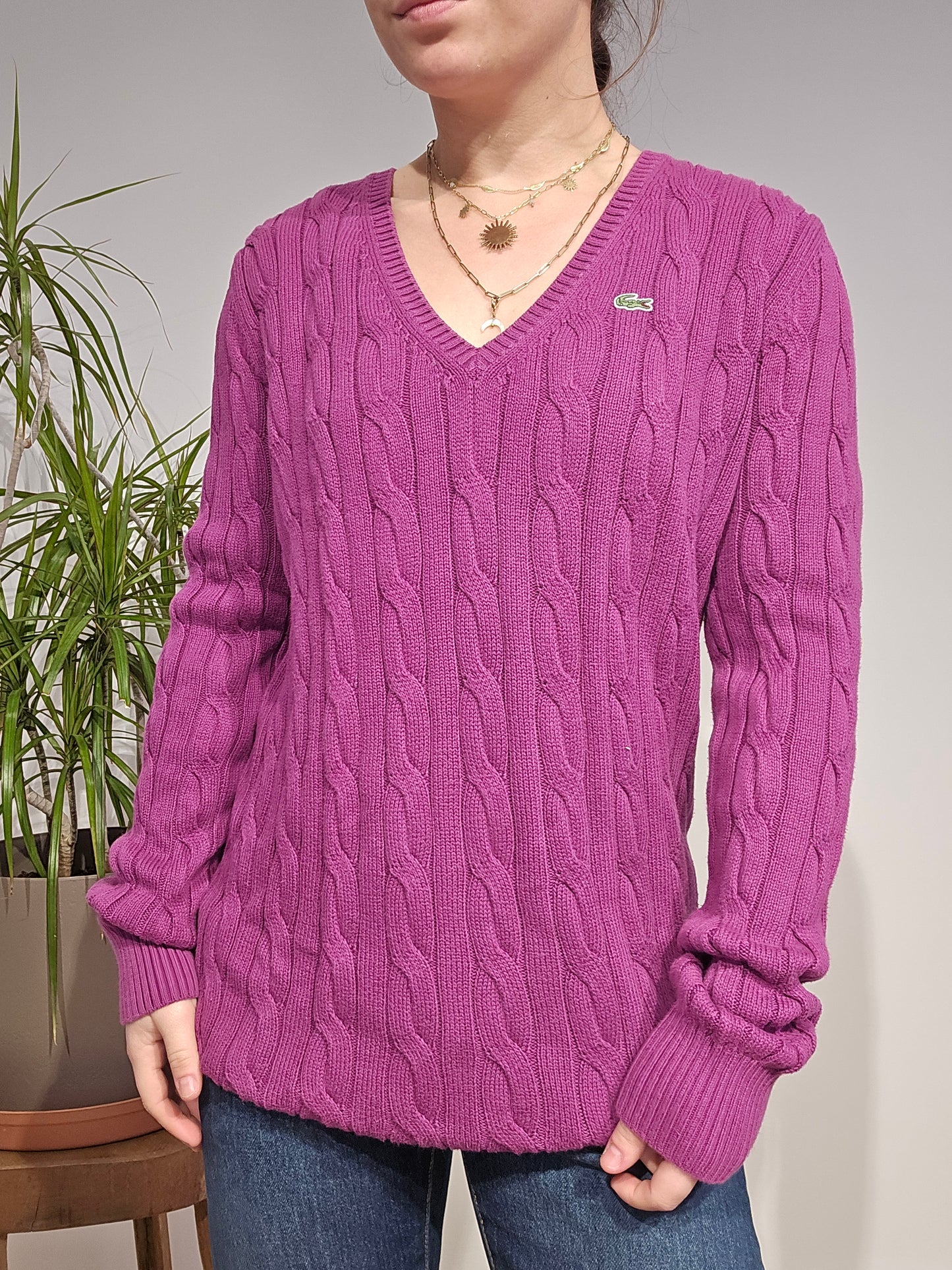Pull col V en maille torsadée rose fushia - XL/42
