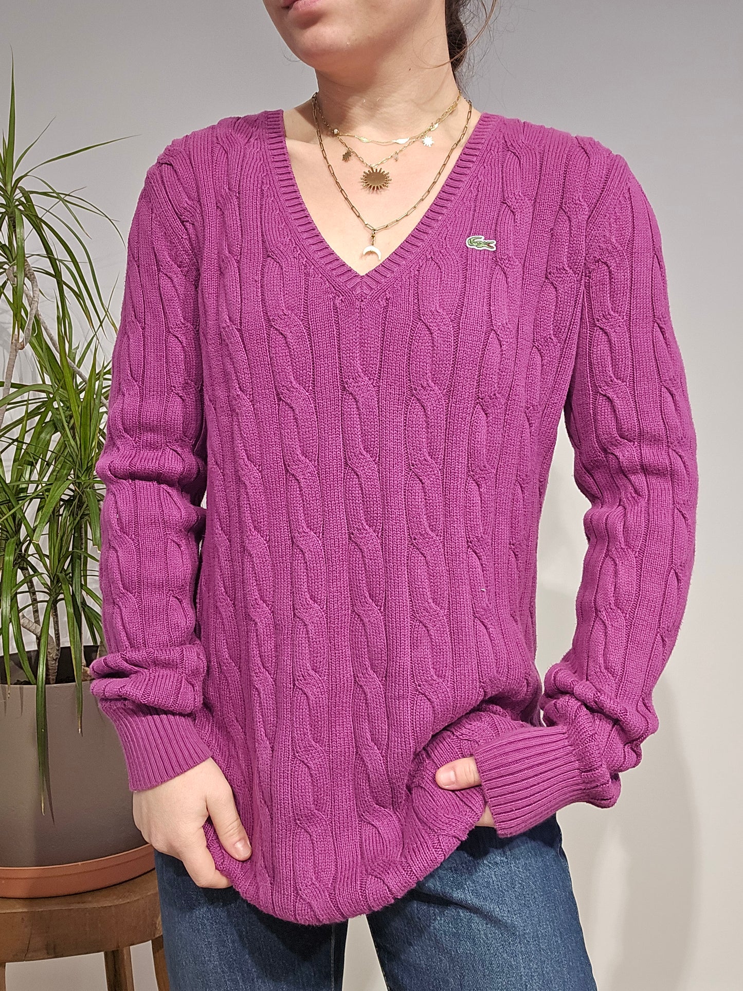 Pull col V en maille torsadée rose fushia - XL/42