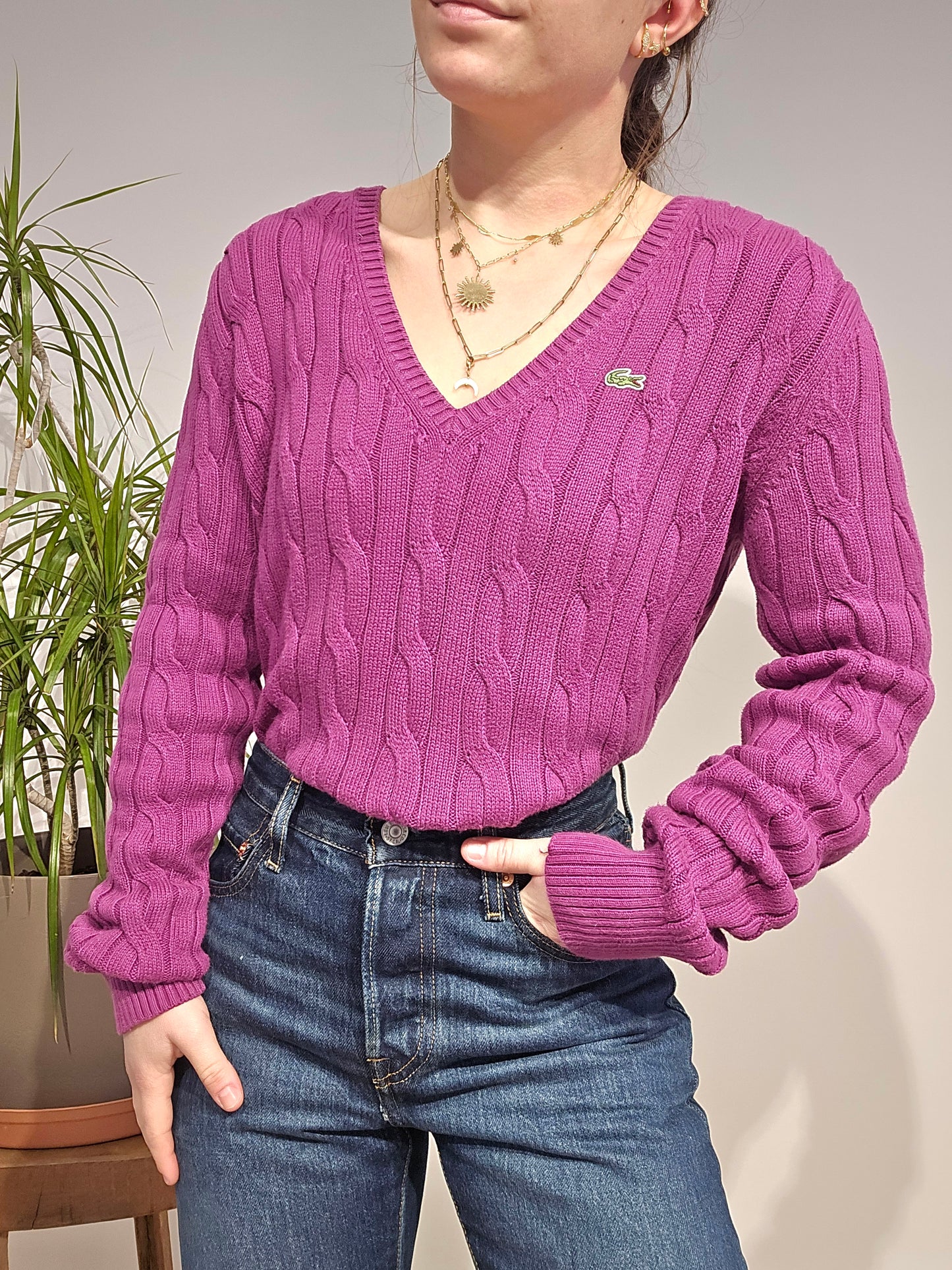 Pull col V en maille torsadée rose fushia - XL/42
