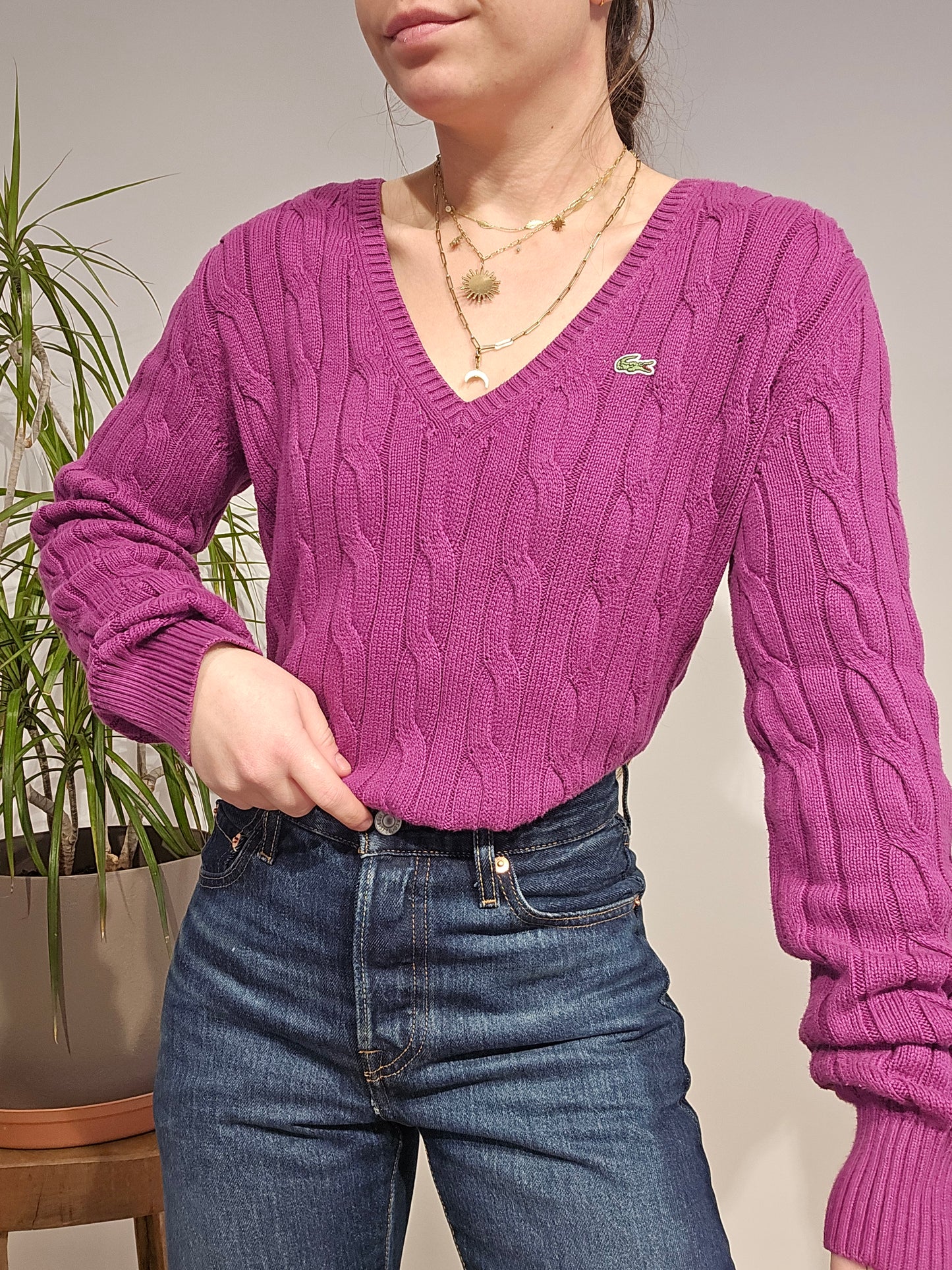 Pull col V en maille torsadée rose fushia - XL/42