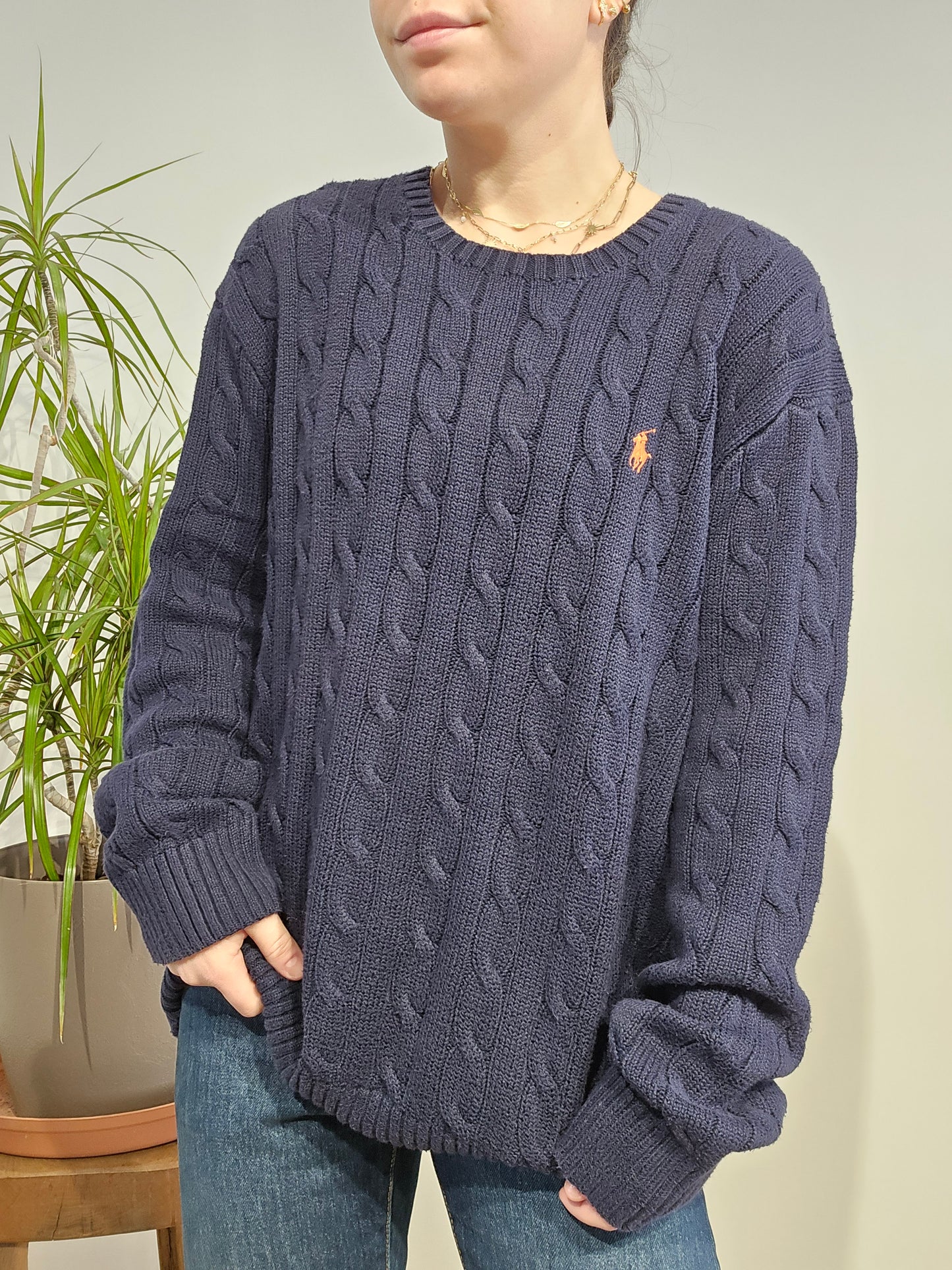 Pull en maille torsadée bleu marine - XL femme