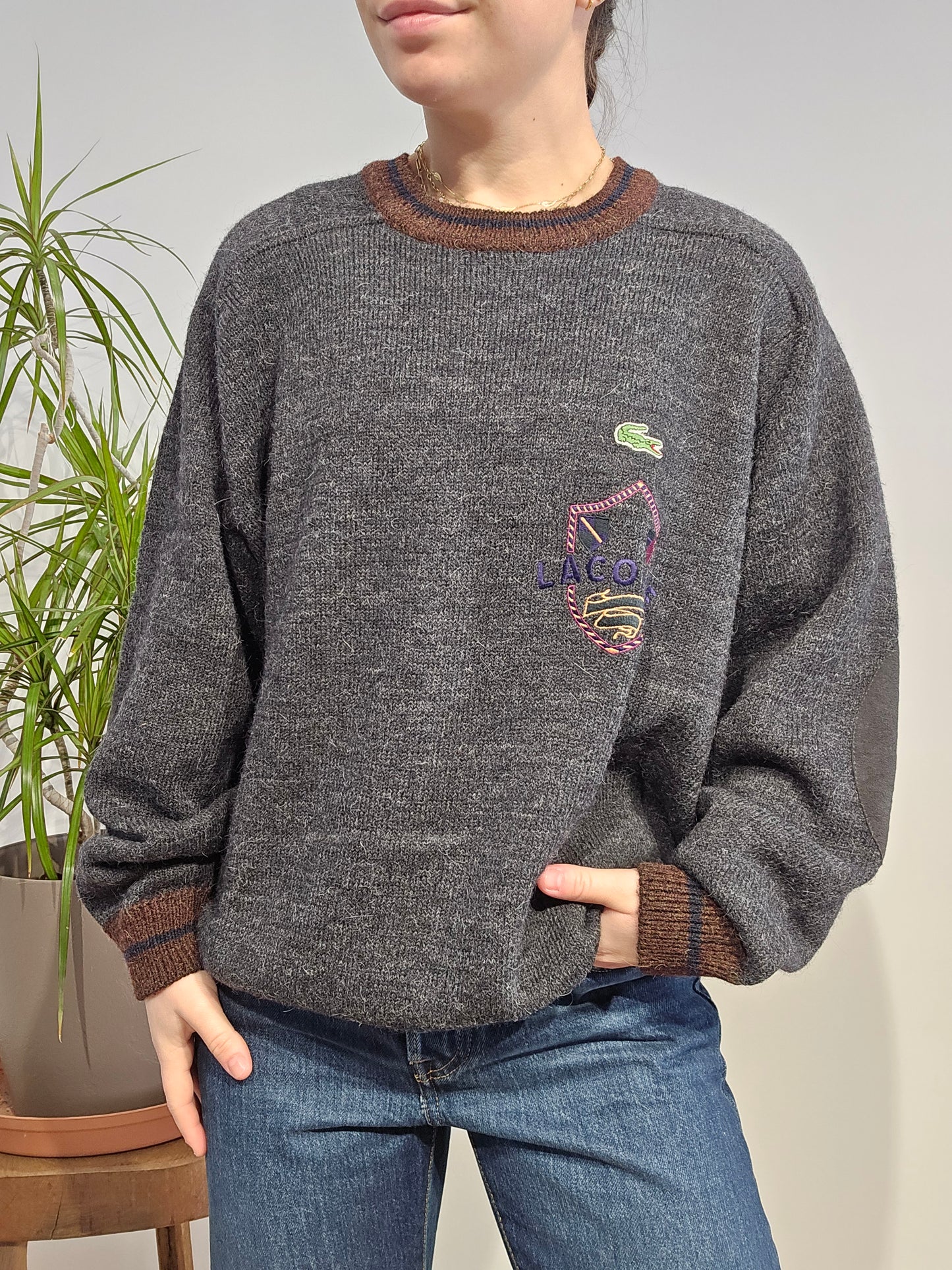 Pull en laine grise brodé des années 80' - M/38 femme