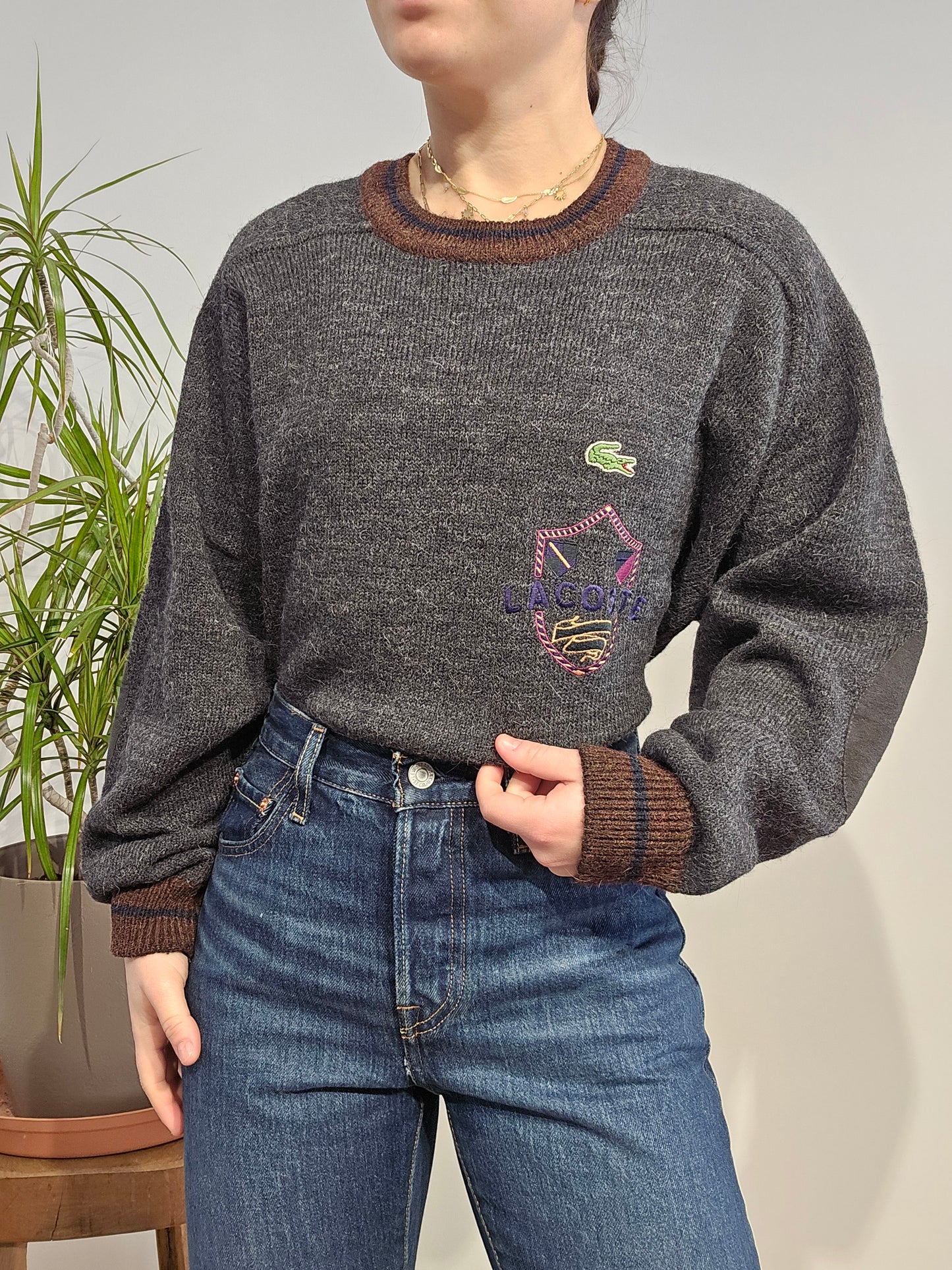 Pull en laine grise brodé des années 80' - M/38 femme
