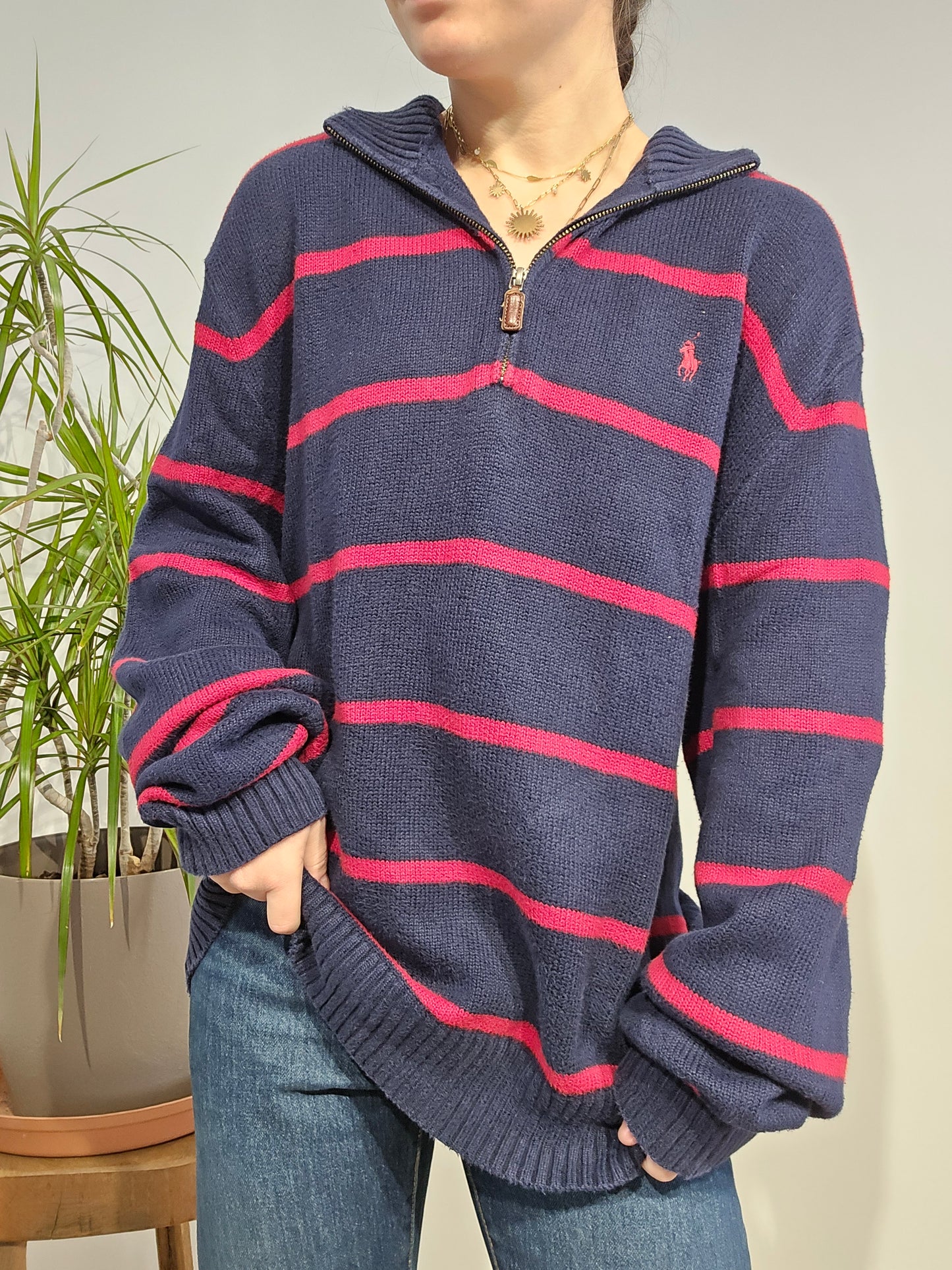 Pull camionneur marine à rayures rouge - XL/42