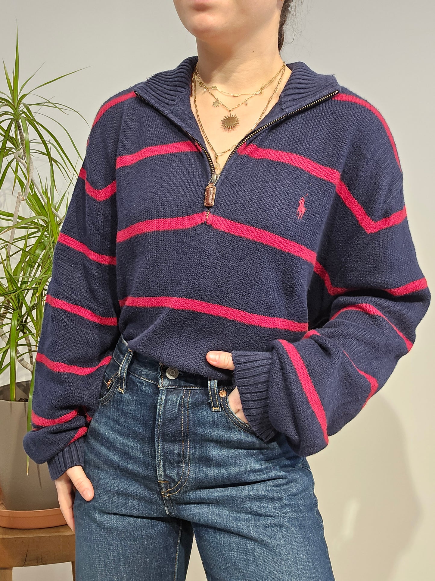 Pull camionneur marine à rayures rouge - XL/42
