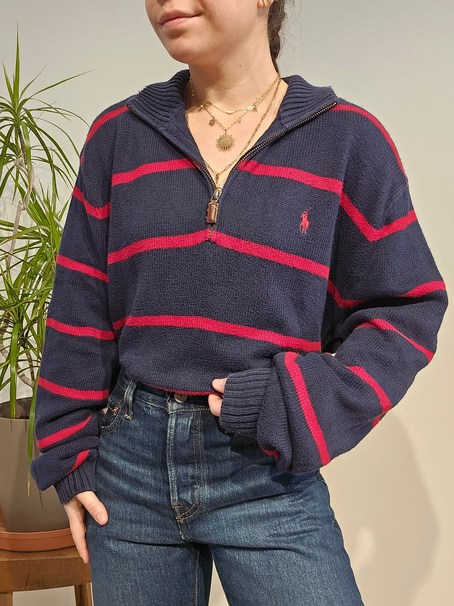 Pull camionneur marine à rayures rouge - XL/42