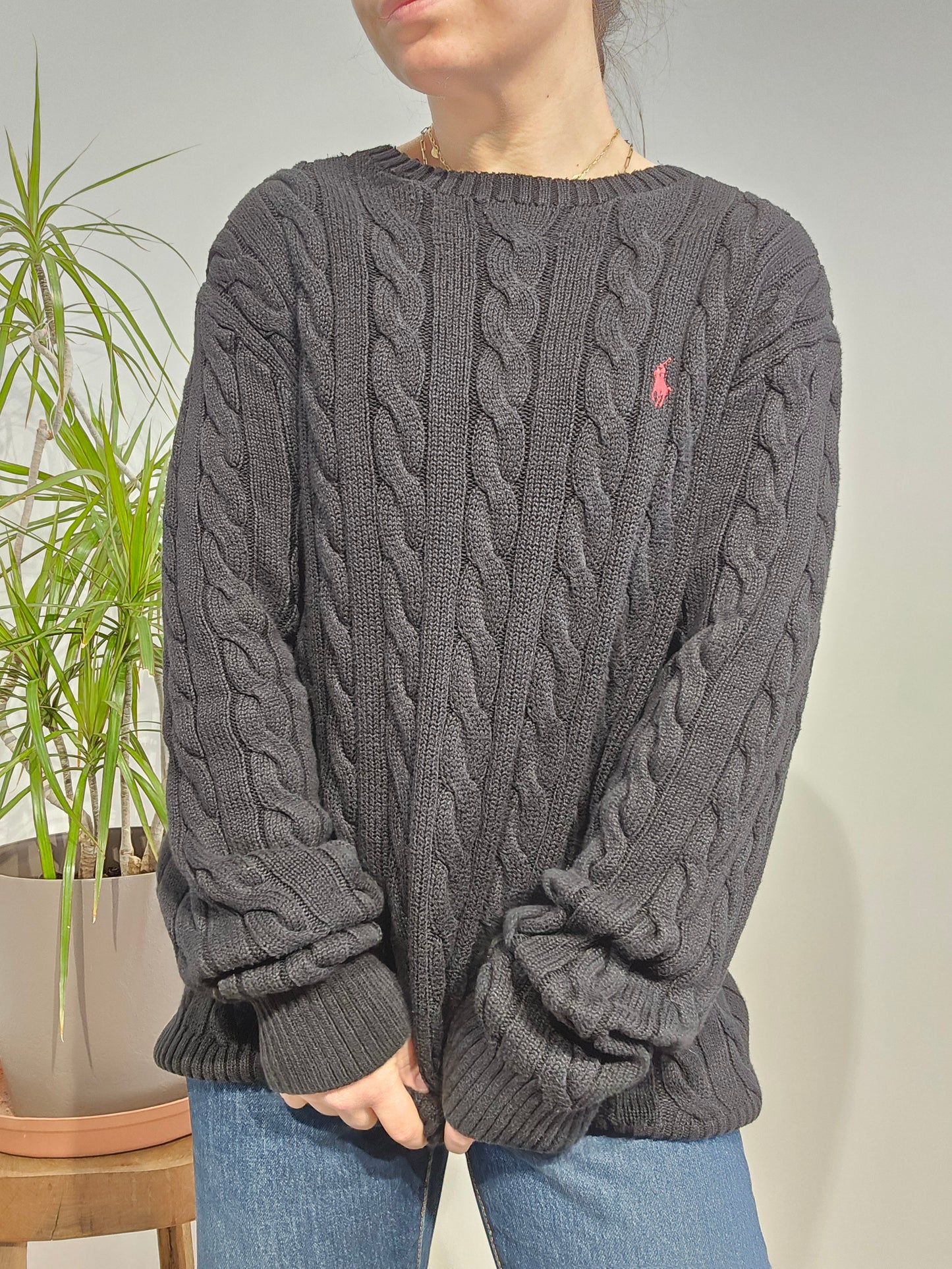 Pull col rond en maille torsadée noir - XL/42