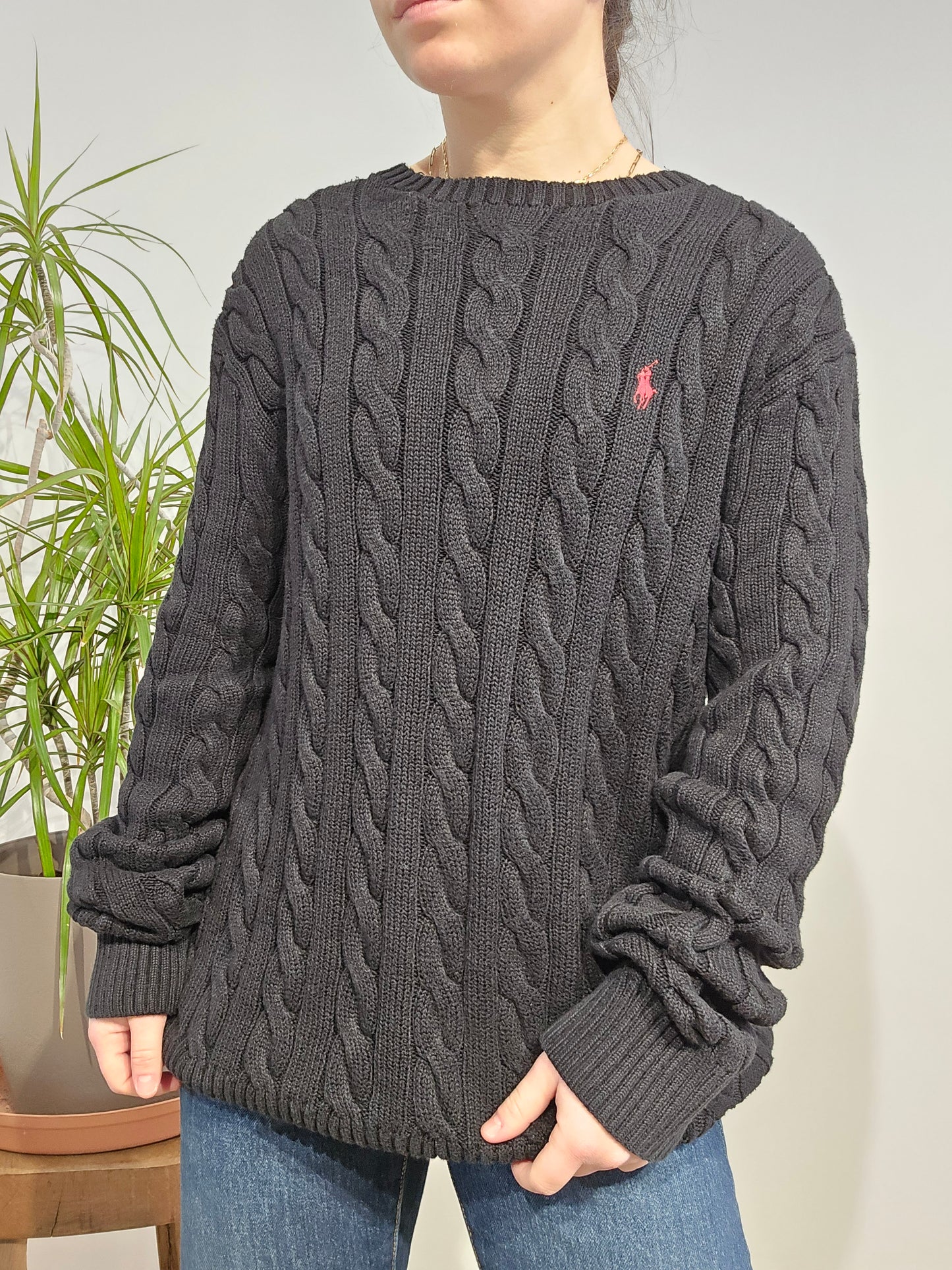 Pull col rond en maille torsadée noir - XL/42