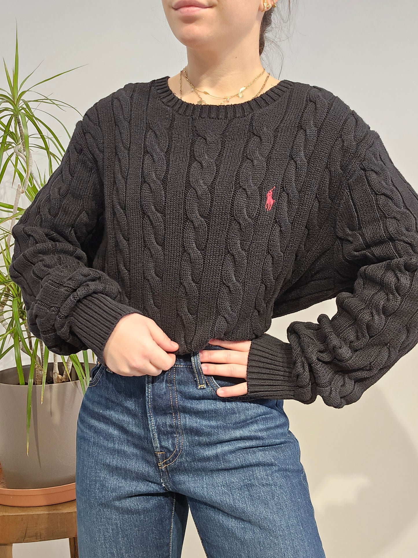 Pull col rond en maille torsadée noir - XL/42