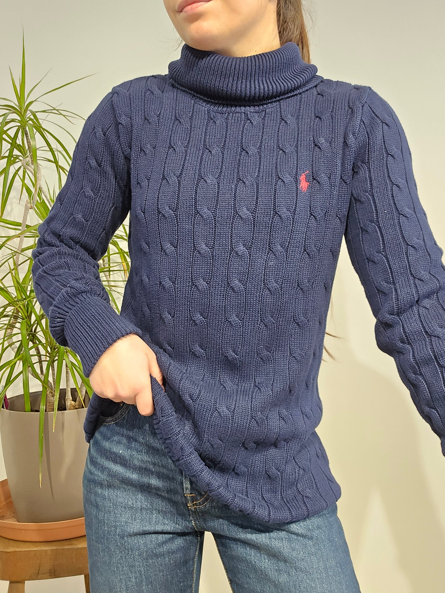 Pull col roulé en maille torsadée marine - S/36