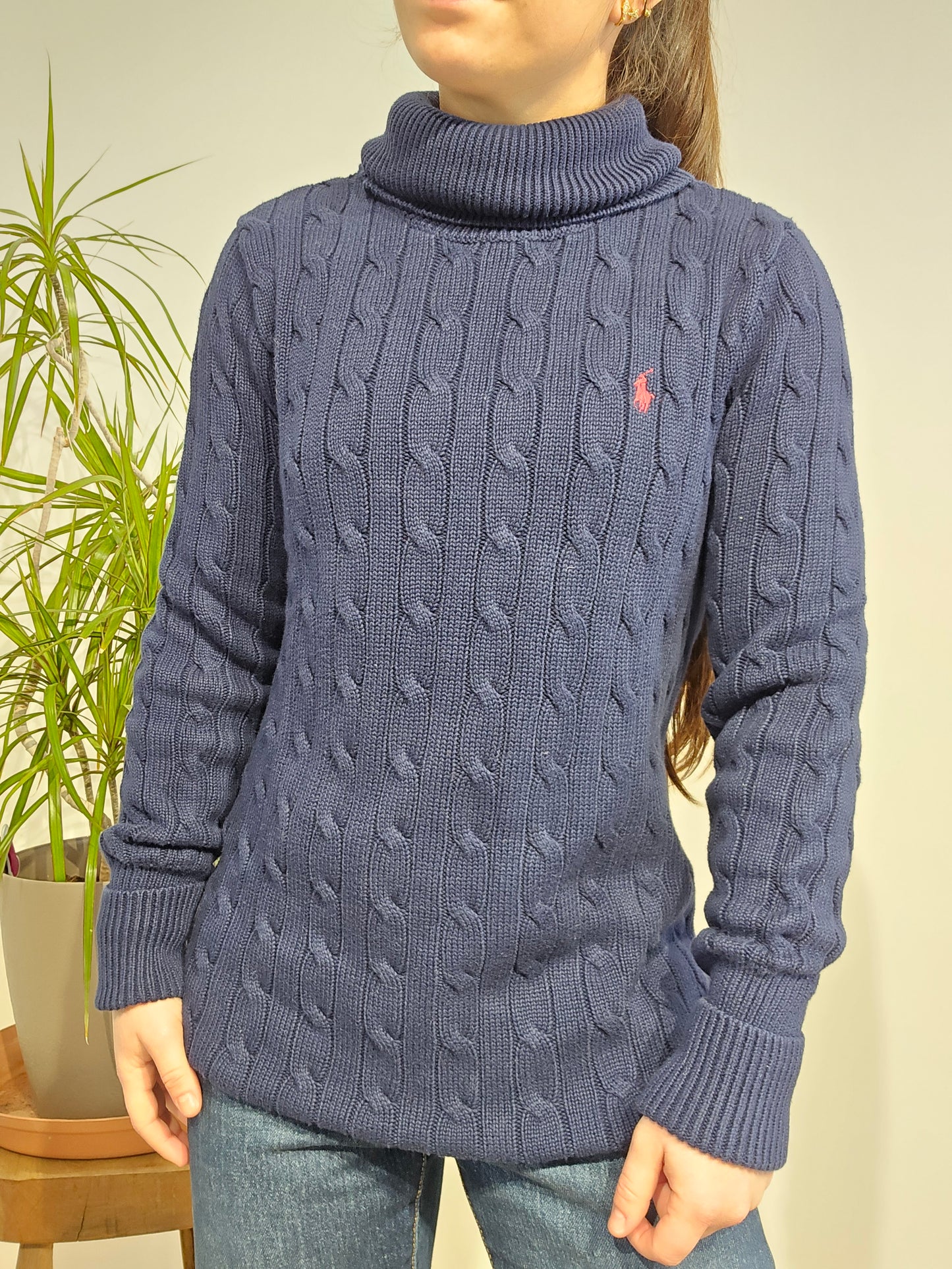 Pull col roulé en maille torsadée marine - S/36