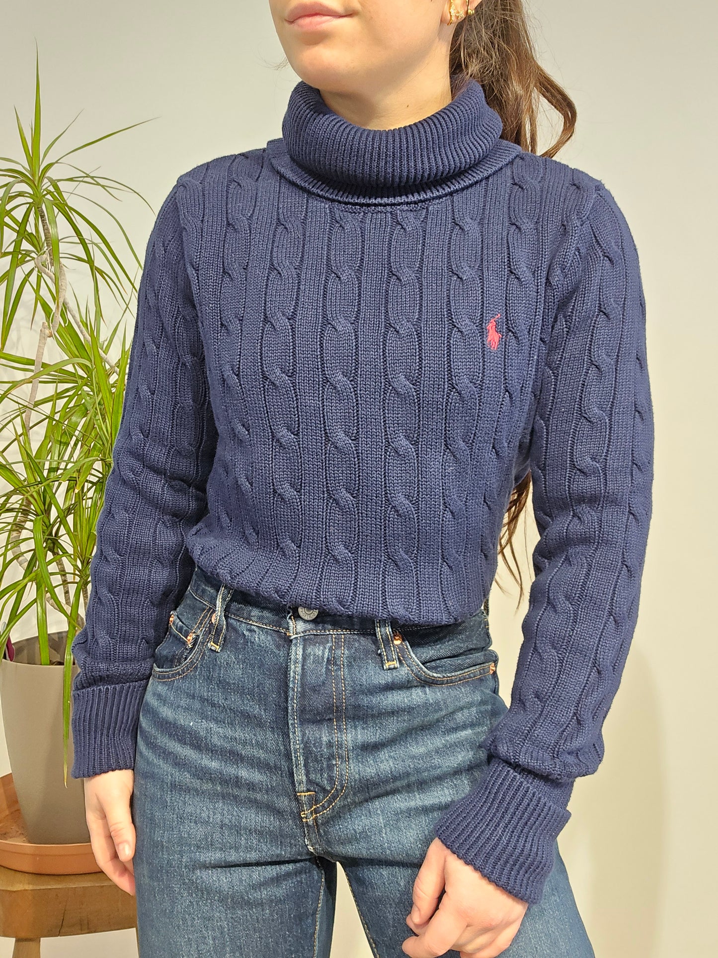 Pull col roulé en maille torsadée marine - S/36