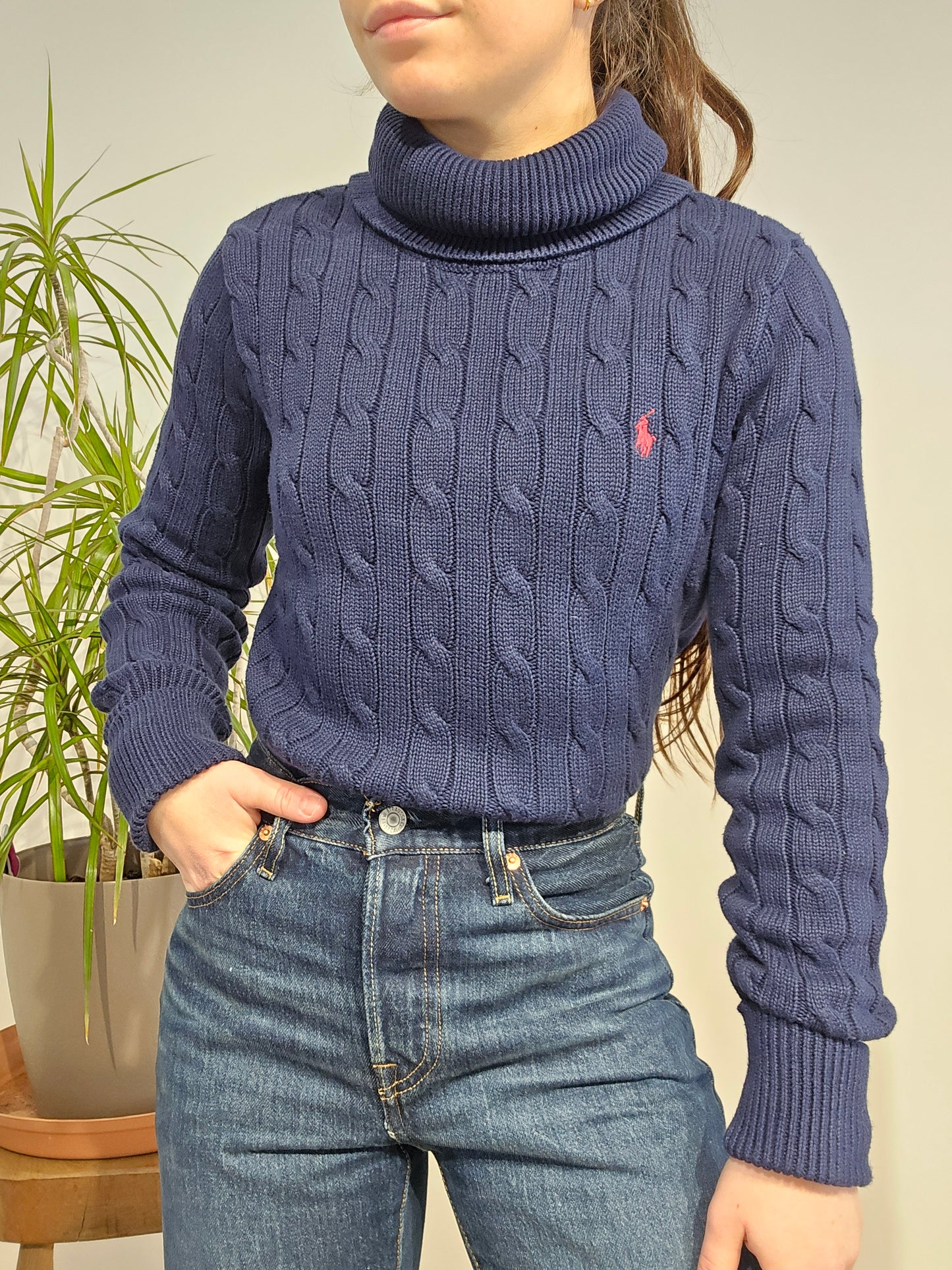 Pull col roulé en maille torsadée marine - S/36