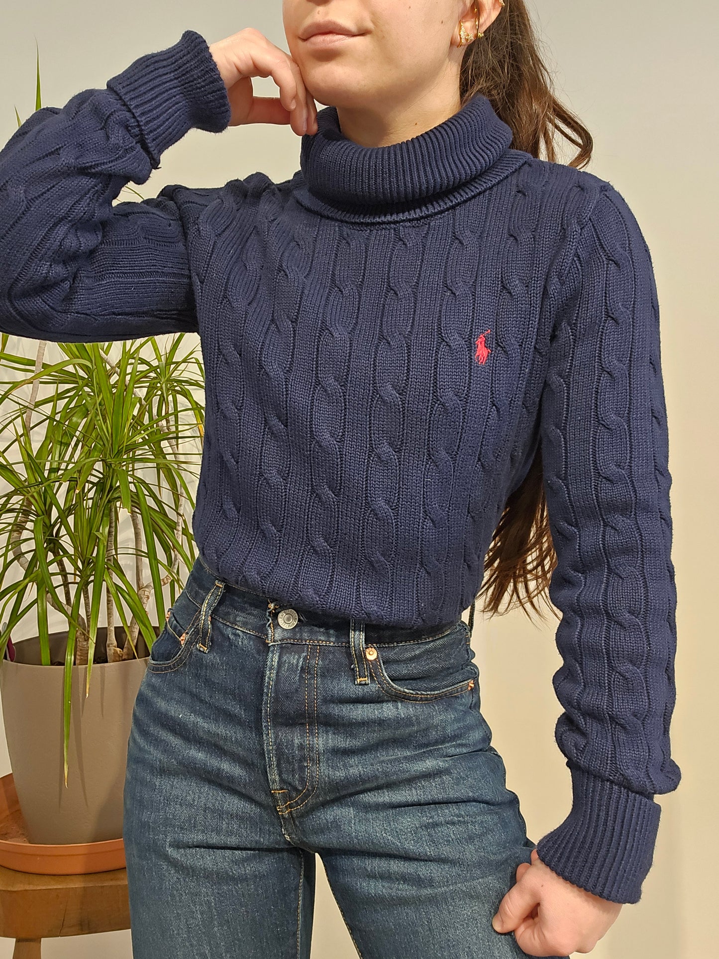 Pull col roulé en maille torsadée marine - S/36