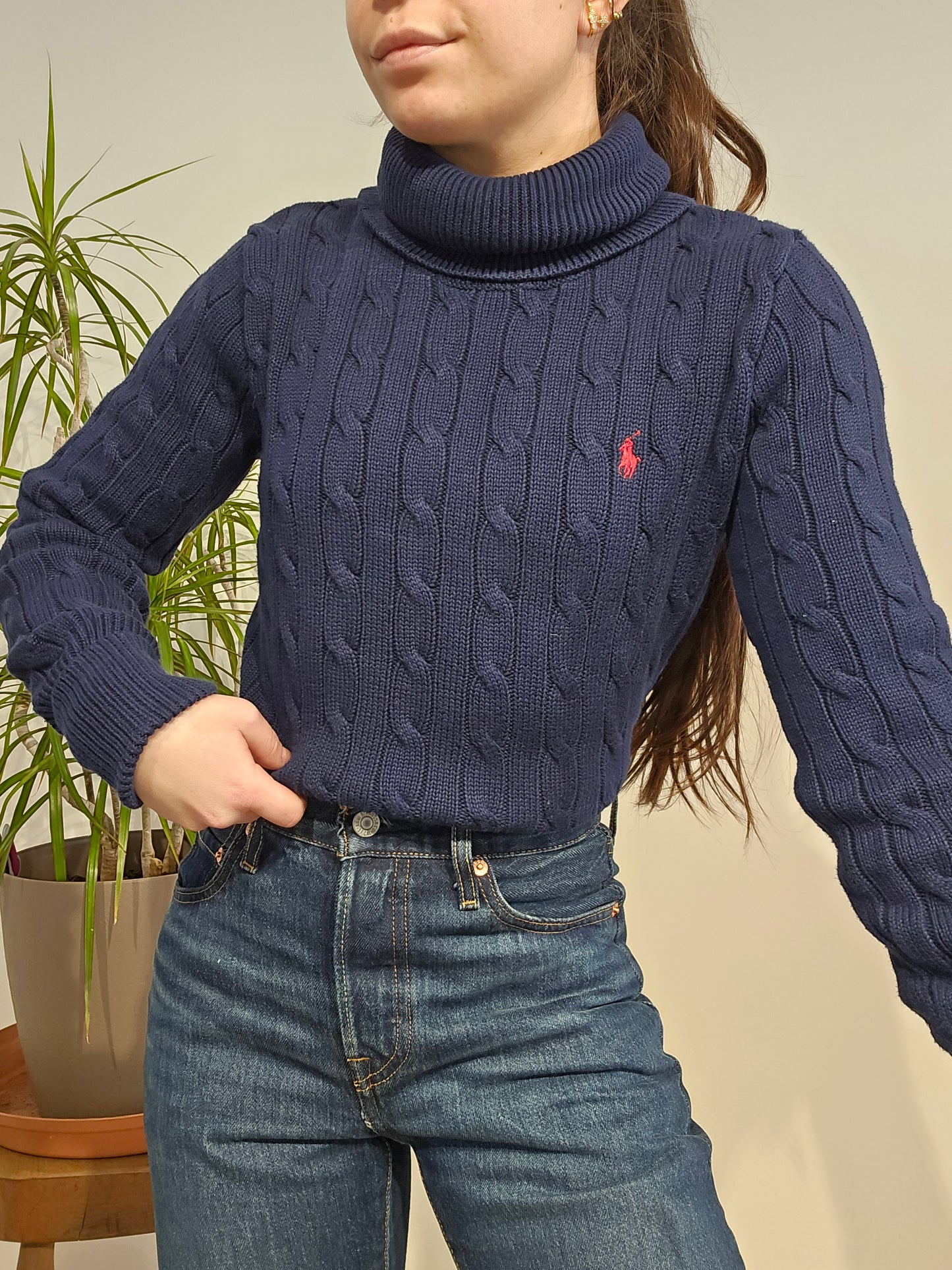 Pull col roulé en maille torsadée marine - S/36