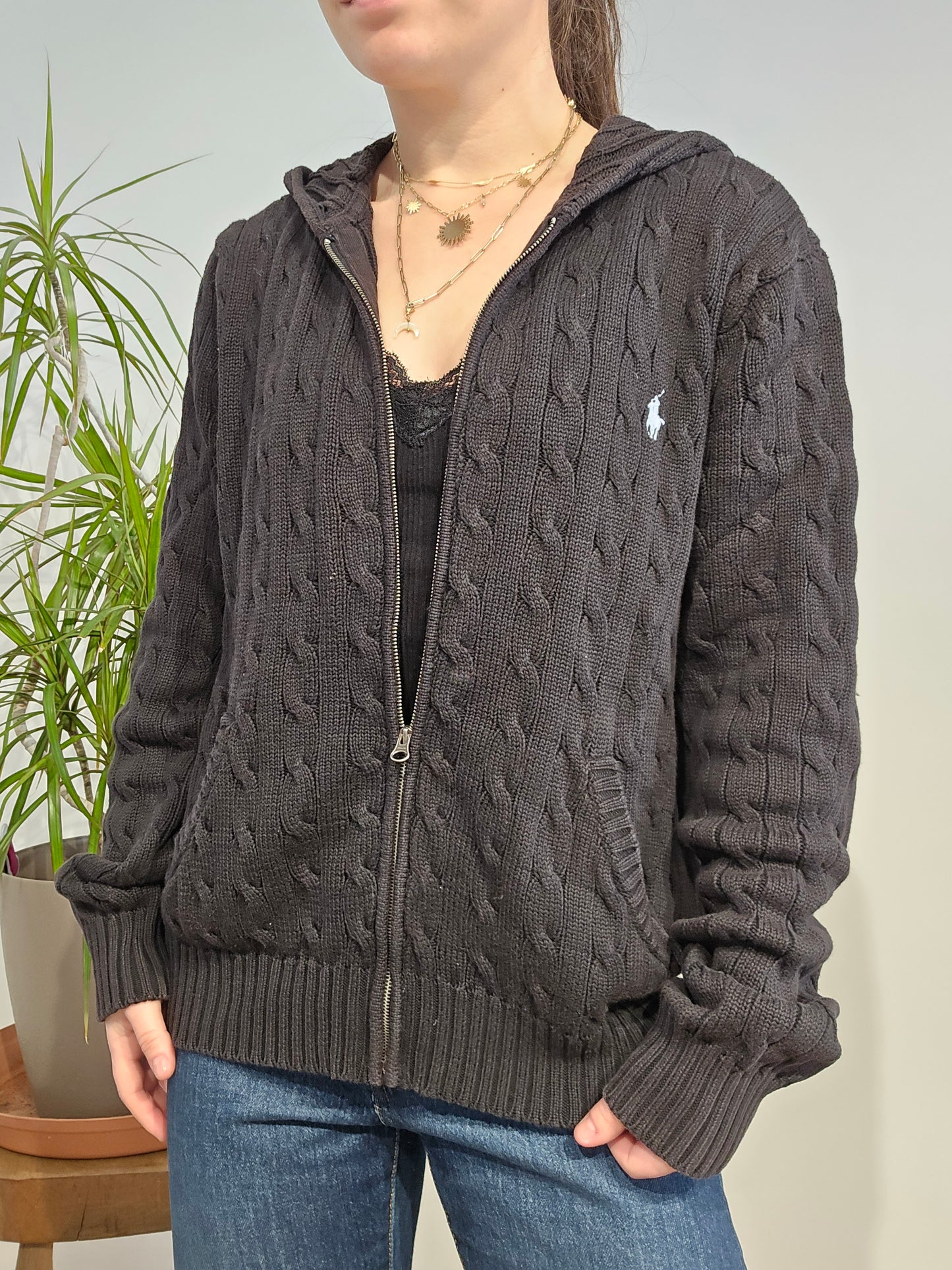 Veste à capuche en maille torsadée noir - M/38