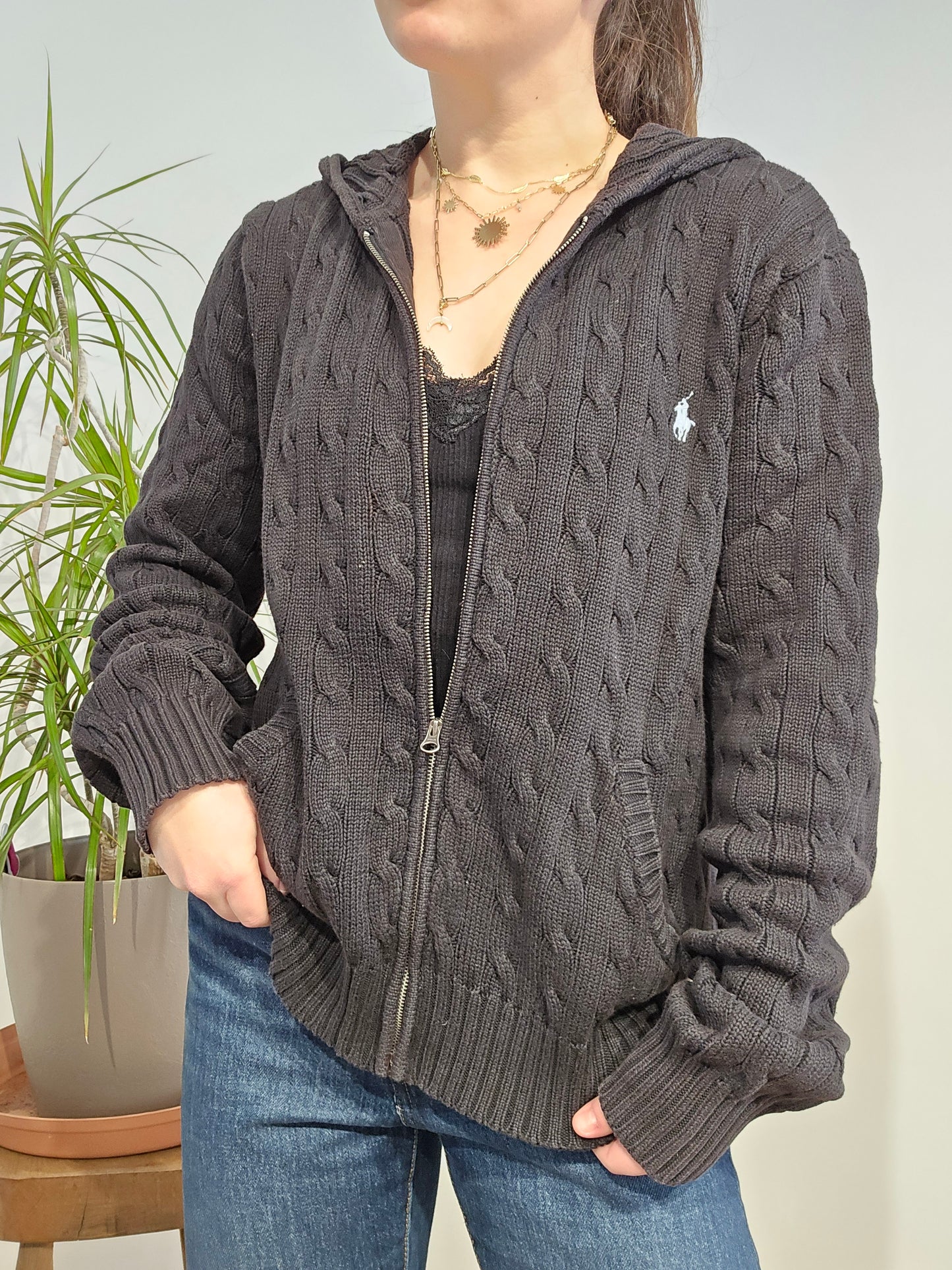 Veste à capuche en maille torsadée noir - M/38
