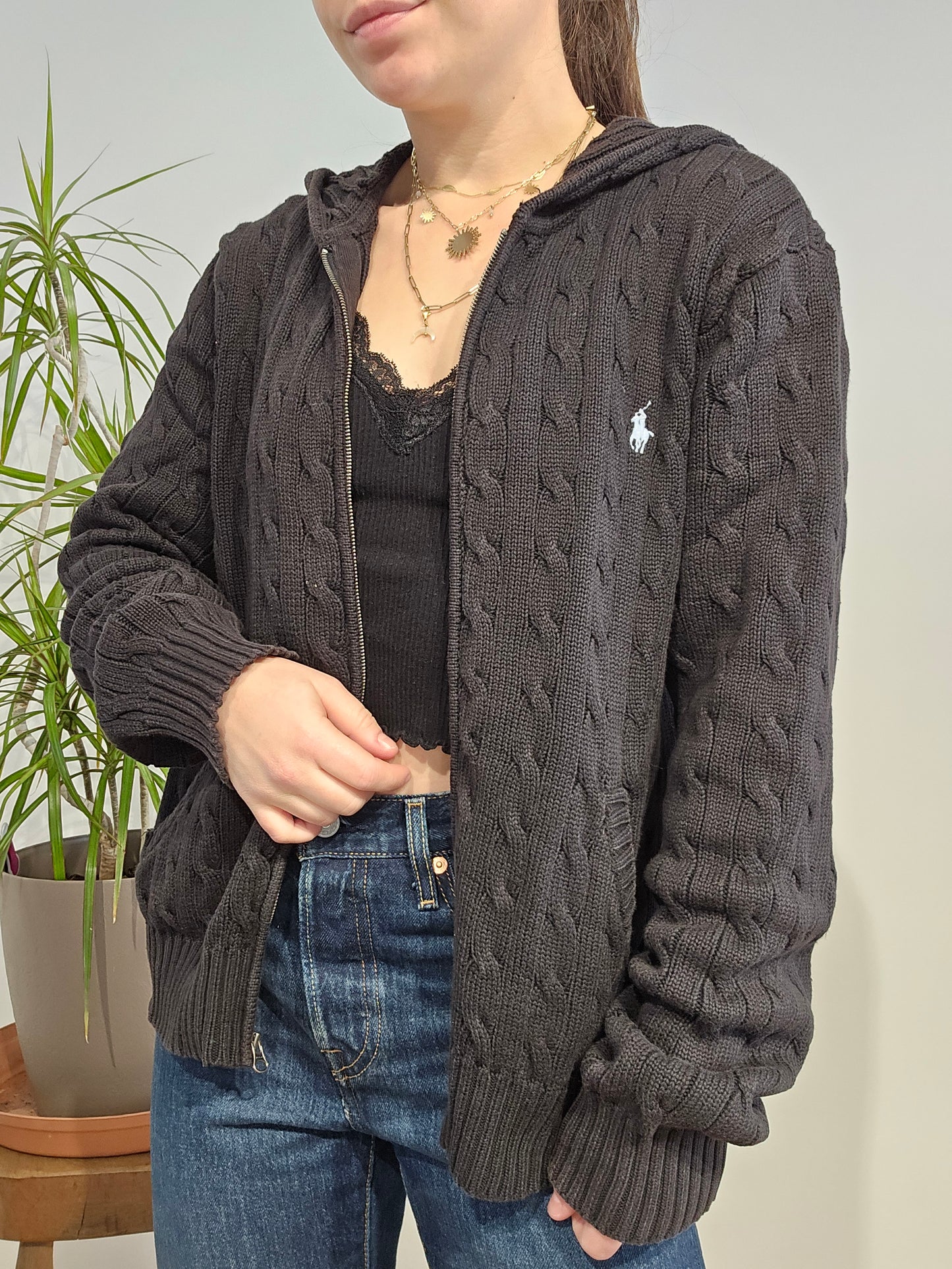 Veste à capuche en maille torsadée noir - M/38