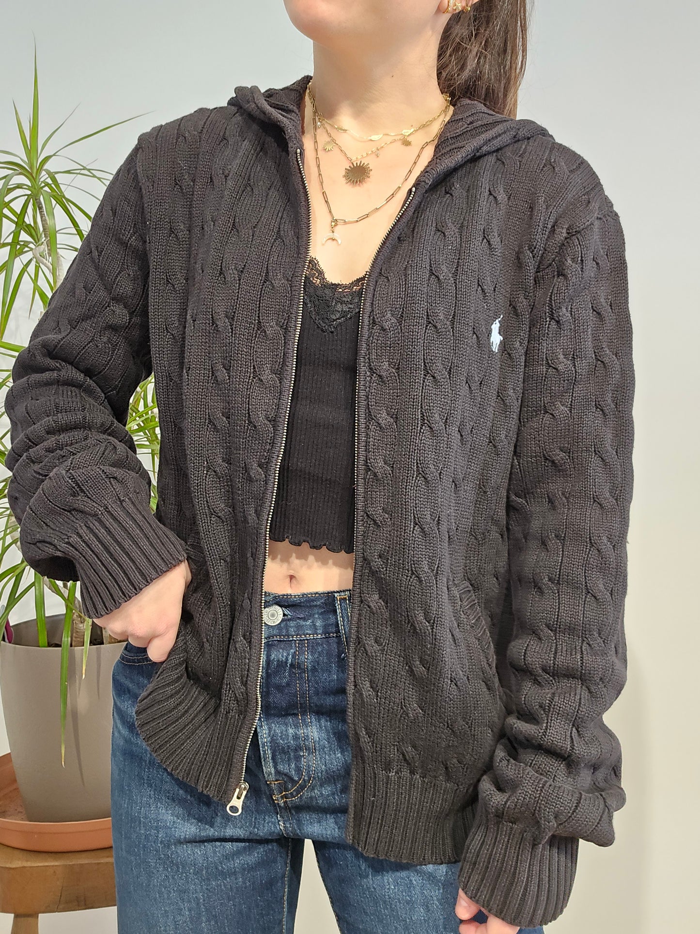 Veste à capuche en maille torsadée noir - M/38
