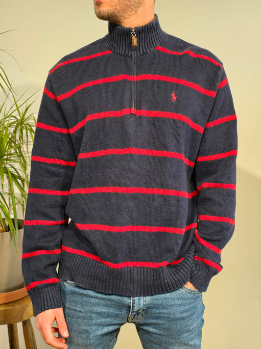 Pull camionneur marine à rayures rouge - L