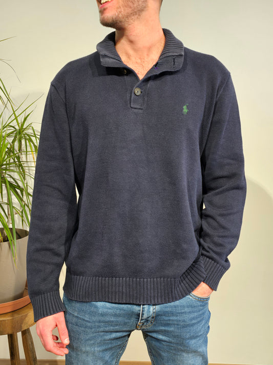 Pull en maille bleu marine col boutonné - XL femme / M homme