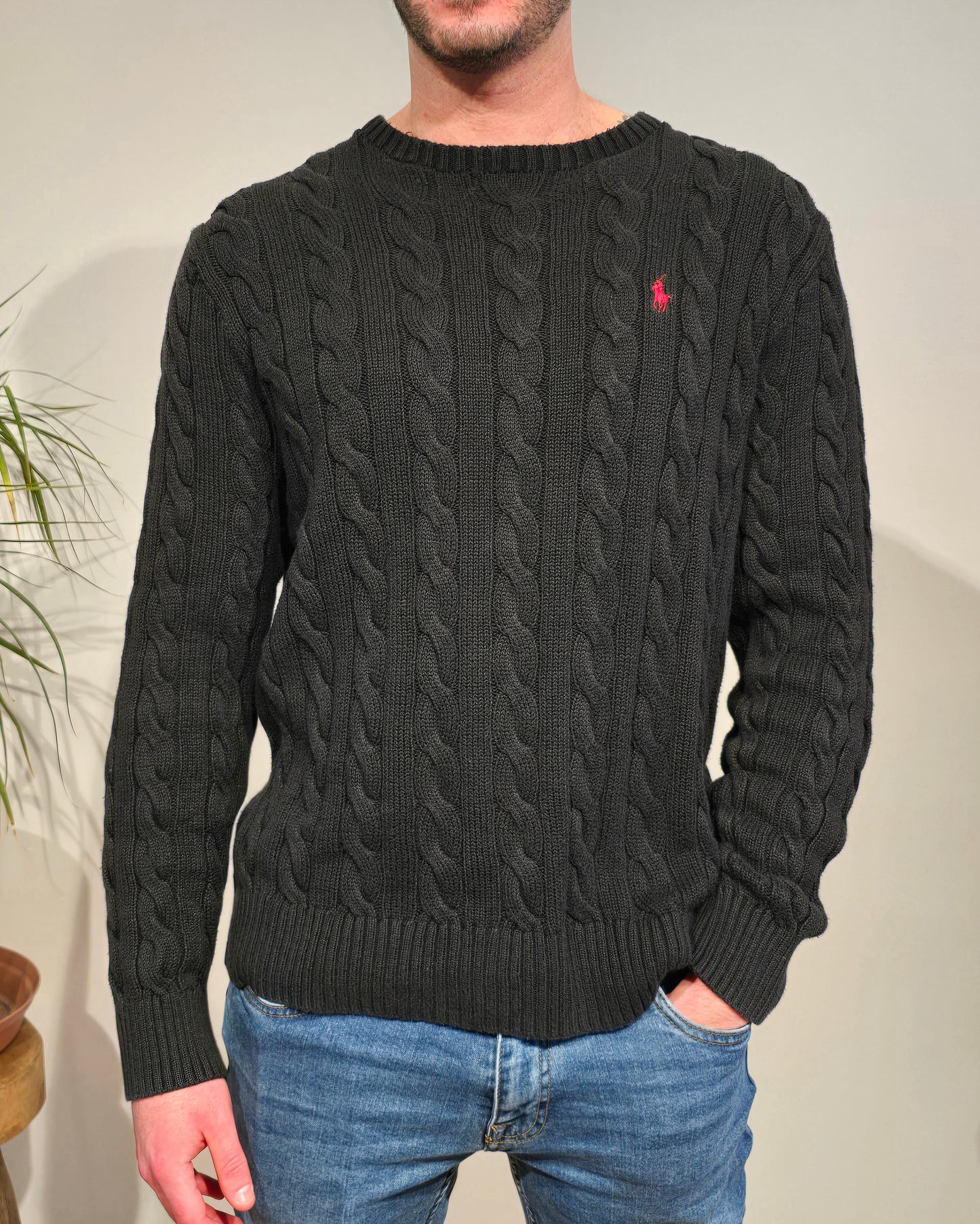 Pull col rond en maille torsadée noir - M/L