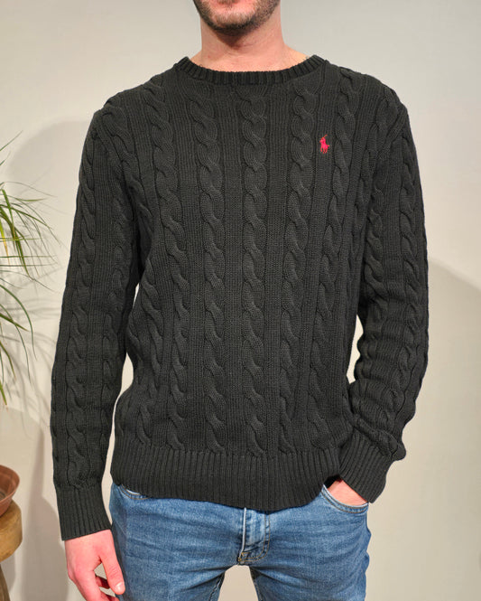 Pull col rond en maille torsadée noir - M/L