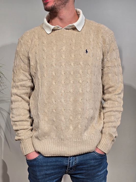 Pull col rond en maille torsadée beige - L