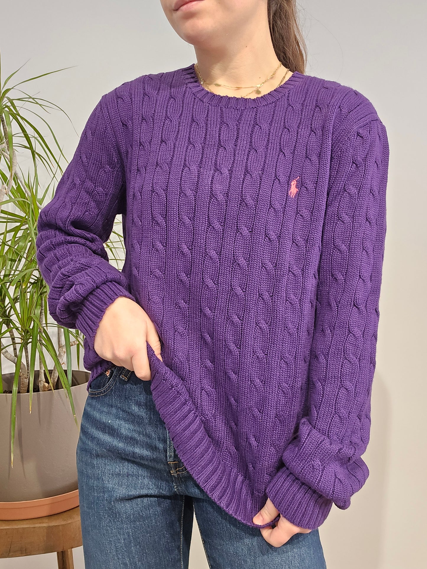 Pull col rond en maille torsadée violet - M/L