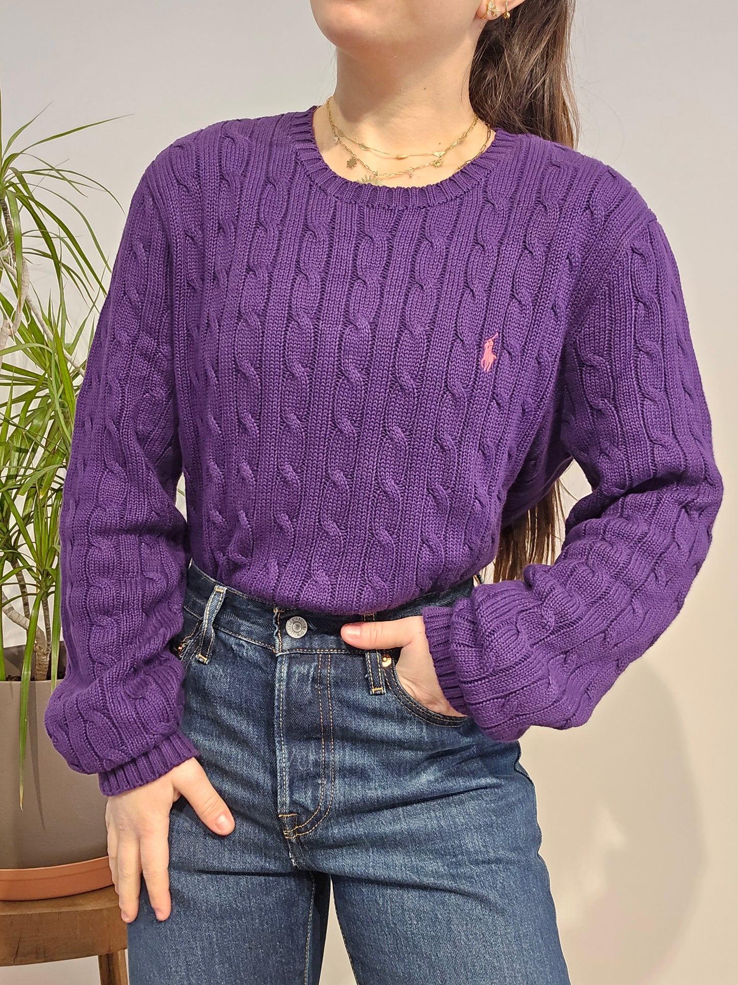 Pull col rond en maille torsadée violet - M/L