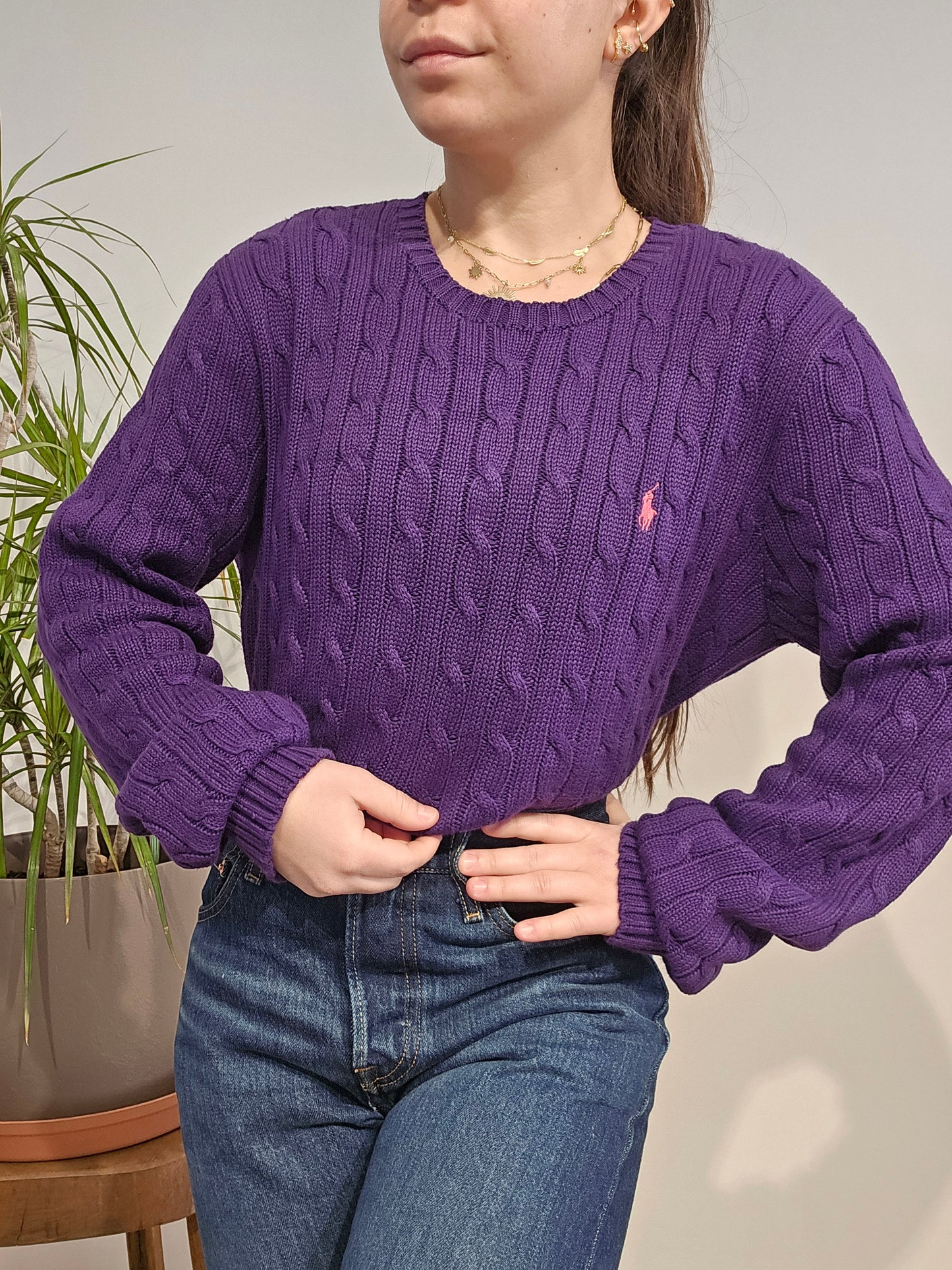 Pull col rond en maille torsadée violet - M/L